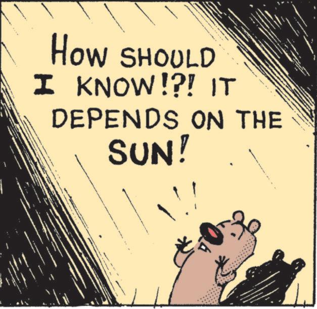 Photo caption OCR: HOW SHOULD I KNOW!?! IT DEPENDS ON THE SUN! HOW SHOULD I KNOW ! ? ! IT DEPENDS ON THE SUN !