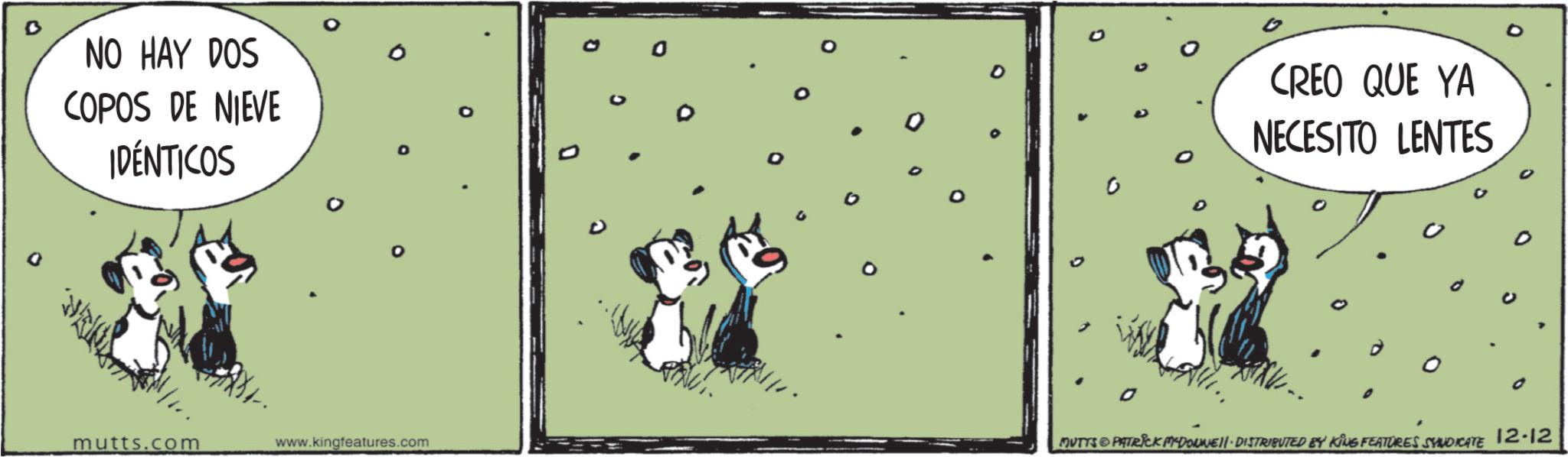 Fictional character OCR: NO HAY DOS COPOS DE NIEVE IDÉNTICOS 0 mutts.com www.kingfeatures.com D CREO QUE YA NECESITO LENTES MUTTS & PATRICK MCDONNELL DISTRIBUTED BY KING FEATURES SYNDICATE 12-12 NO HAY DOS COPOS DE NIEVE IDÉNTICOS 0 mutts.com www.kingfeatures.com D CREO QUE YA NECESITO LENTES MUTTS & PATRICK MCDONNELL DISTRIBUTED BY KING FEATURES SYNDICATE 12-12
