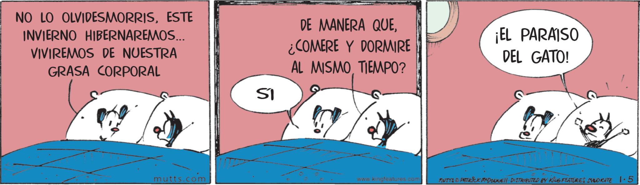 Photo caption OCR: NO LO OLVIDESMORRISESTE INVIERNO HIBERNAREMOS... VIVIREMOS DE NUESTRA GRASA CORPORAL ST DE MANERA QUE¿COMERE Y DORMIRE AL MISMO TIEMPO? ¡EL PARAISO DEL GATO! mutts.com www.kingfeatures.com MUTTS & PATRICK MYDONE!!· DISTRIBUTED BY KING FEATURES SYNDICATE 1.5 NO LO OLVIDESMORRISESTE INVIERNO HIBERNAREMOS ... VIVIREMOS DE NUESTRA GRASA CORPORAL ST DE MANERA QUE¿ COMERE Y DORMIRE AL MISMO TIEMPO ? ¡ EL PARAISO DEL GATO ! mutts.com www.kingfeatures.com MUTTS & PATRICK MYDONE !! · DISTRIBUTED BY KING FEATURES SYNDICATE 1.5