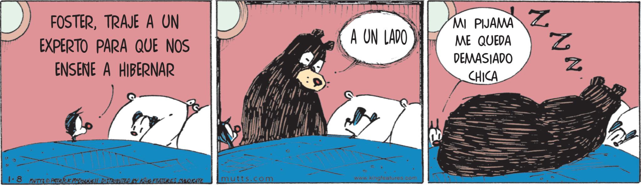 Photo caption OCR: FOSTERTRAJE A UN EXPERTO PARA QUE NOS ENSENE A HIBERNAR A UN LADO 1.8 MUTTS PATRICK MEDOCKELL DISTRIBUTED BY KING FEATURES SYNDICATE mutts.com www.kingfeatures.com NN MI PIJAMA ME QUEDA DEMASIADO CHICA Z FOSTERTRAJE A UN EXPERTO PARA QUE NOS ENSENE A HIBERNAR A UN LADO 1.8 MUTTS PATRICK MEDOCKELL DISTRIBUTED BY KING FEATURES SYNDICATE mutts.com www.kingfeatures.com NN MI PIJAMA ME QUEDA DEMASIADO CHICA Z