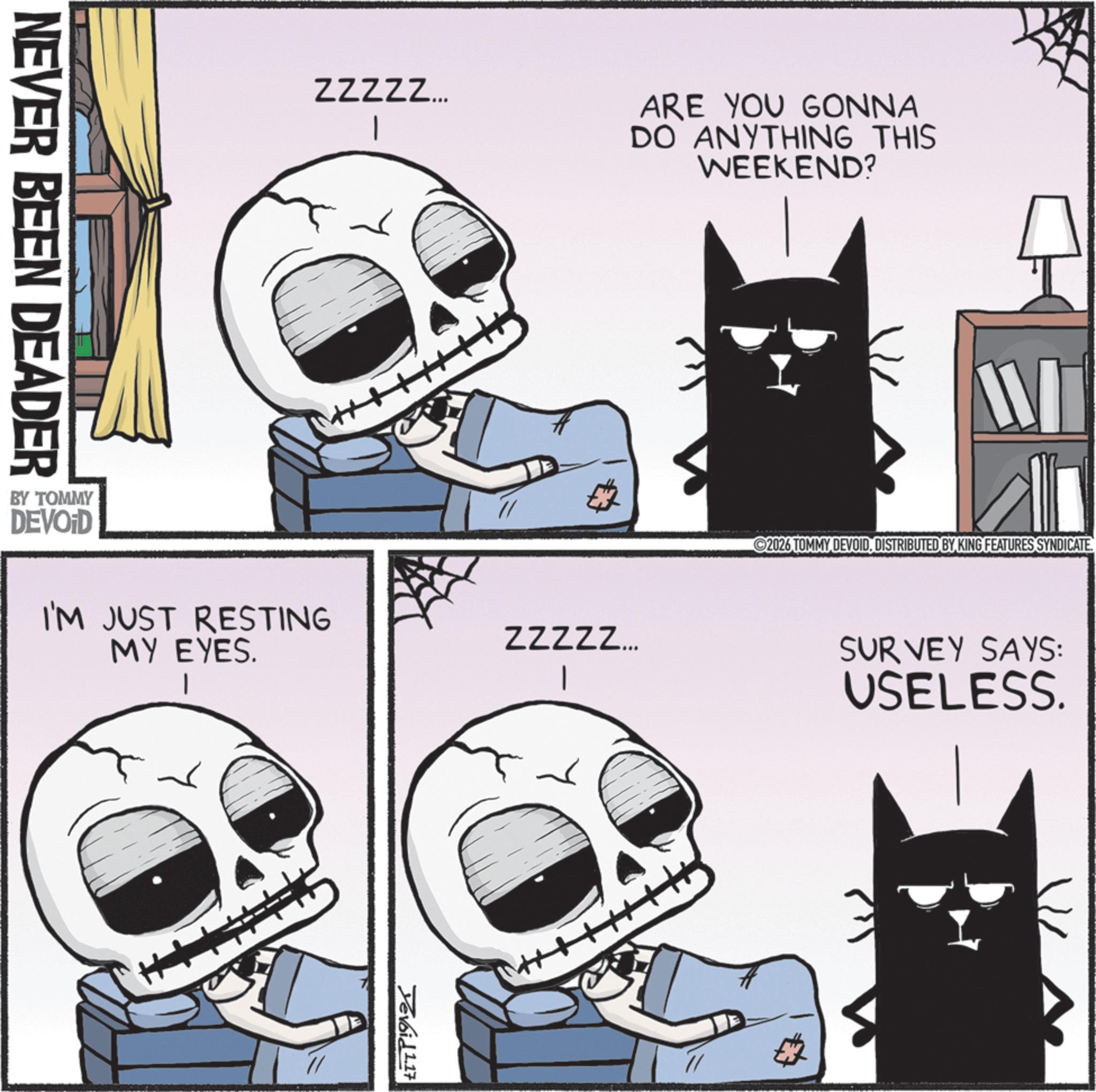 Skull OCR: NEVER BEEN DEADER BY TOMMY DEVOID ZZZZZ... ARE YOU GONNA DO ANYTHING THIS WEEKEND? I'M JUST RESTING MY EYES. ZZZZZ... | Yevoid 1.17 2026 TOMMY DEVOIDDISTRIBUTED BY KING FEATURES SYNDICATE. SURVEY SAYS: USELESS. NEVER BEEN DEADER BY TOMMY DEVOID ZZZZZ ... ARE YOU GONNA DO ANYTHING THIS WEEKEND ? I'M JUST RESTING MY EYES . ZZZZZ ... | Yevoid 1.17 2026 TOMMY DEVOIDDISTRIBUTED BY KING FEATURES SYNDICATE . SURVEY SAYS : USELESS .