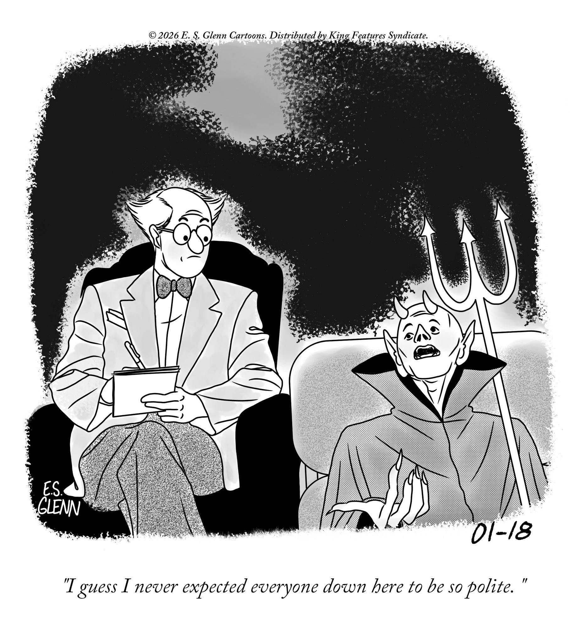 Animation OCR: E.S. GLENN 2026 E. S. Glenn Cartoons. Distributed by King Features Syndicate. 01-18 "I "I guess I never expected everyone down here to be so polite. E.S. GLENN 2026 E. S. Glenn Cartoons . Distributed by King Features Syndicate . 01-18 " I " I guess I never expected everyone down here to be so polite .