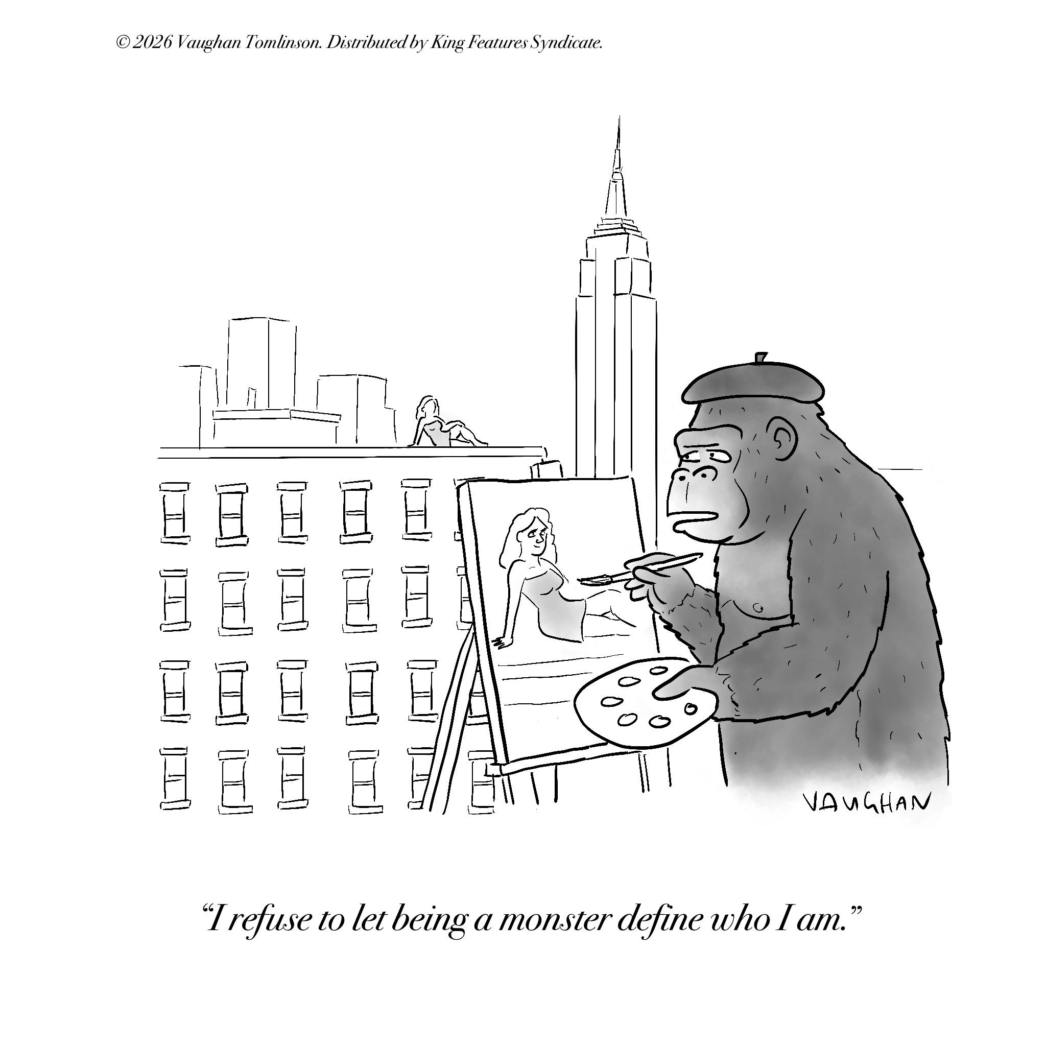 Coloring book OCR: ©2026 Vaughan Tomlinson. Distributed by King Features Syndicate. ????? ?? ?? ? VAUGHAN "I refuse to let being a monster define who I am." © 2026 Vaughan Tomlinson . Distributed by King Features Syndicate . ?? ? ?? ? ? ? ? ? VAUGHAN " I refuse to let being a monster define who I am . "
