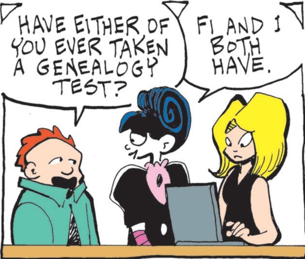 Comic book OCR: HAVE EITHER OF YOU EVER TAKEN A GENEALOGY TEST? FLAND I BOTH HAVE. HAVE EITHER OF YOU EVER TAKEN A GENEALOGY TEST ? FLAND I BOTH HAVE .