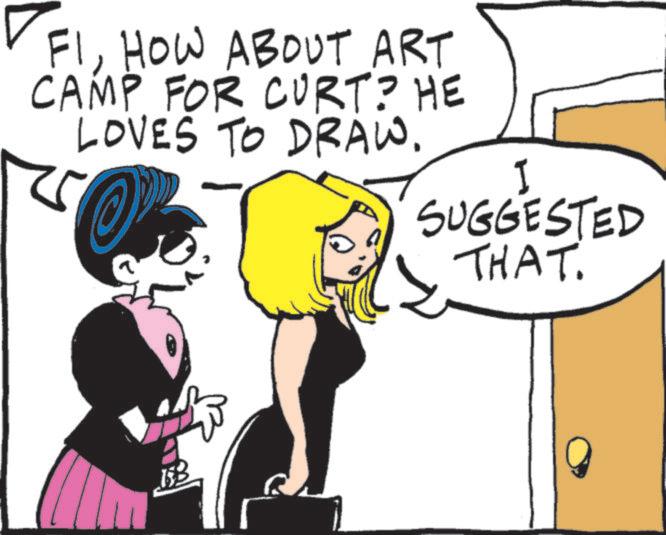 Fictional character OCR: FIHOW ABOUT ART CAMP FOR CURT? HE LOVES TO DRAW. SUGGESTED THAT. FIHOW ABOUT ART CAMP FOR CURT ? HE LOVES TO DRAW . SUGGESTED THAT .