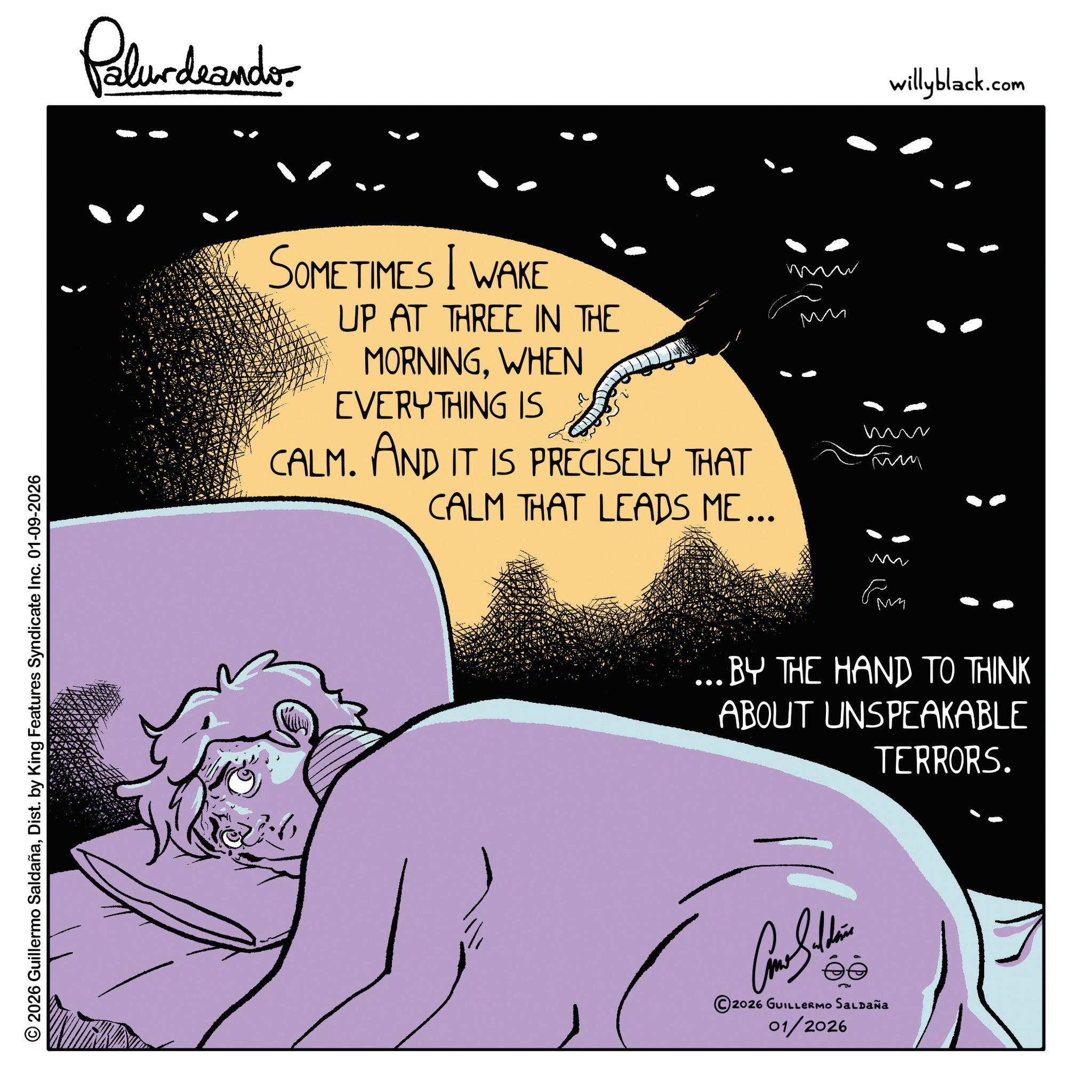 Animated cartoon OCR: © 2026 Guillermo SaldañaDist. by King Features Syndicate Inc. 01-09-2026 Palurdeando SOMETIMES I WAKE UP AT THREE IN THE MORNINGWHEN EVERYTHING IS CALM. AND IT IS PRECISELY THAT CALM THAT LEADS ME... ?? am ?? willyblack.com ... BY THE HAND TO THINK ABOUT UNSPEAKABLE TERRORS. 2026 GUILLERMO SALDAÑA 01/2026 © 2026 Guillermo SaldañaDist . by King Features Syndicate Inc. 01-09-2026 Palurdeando SOMETIMES I WAKE UP AT THREE IN THE MORNINGWHEN EVERYTHING IS CALM . AND IT IS PRECISELY THAT CALM THAT LEADS ME ... ?? am ?? willyblack.com ... BY THE HAND TO THINK ABOUT UNSPEAKABLE TERRORS . 2026 GUILLERMO SALDAÑA 01/2026