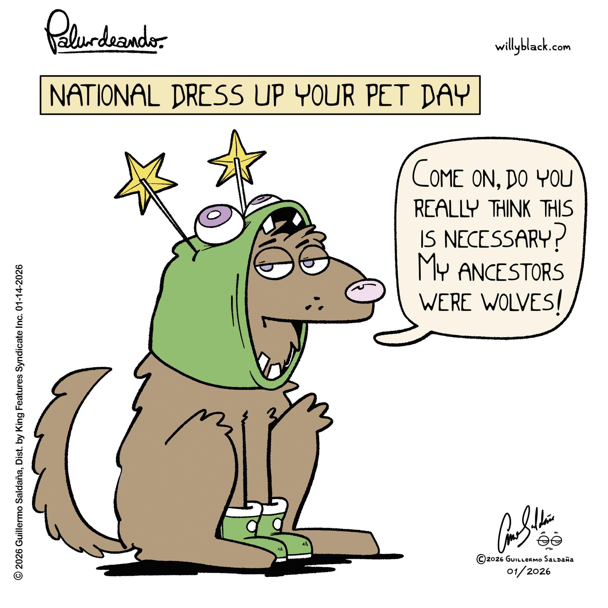 Line art OCR: © 2026 Guillermo SaldañaDist. by King Features Syndicate Inc. 01-14-2026 Palundranders NATIONAL DRESS UP YOUR PET DAY willyblack.com COME ONDO YOU REALLY THINK THIS IS NECESSARY? MY ANCESTORS WERE WOLVES! ©2026 GUILLERMO SALDAÑA 01/2026 © 2026 Guillermo SaldañaDist . by King Features Syndicate Inc. 01-14-2026 Palundranders NATIONAL DRESS UP YOUR PET DAY willyblack.com COME ONDO YOU REALLY THINK THIS IS NECESSARY ? MY ANCESTORS WERE WOLVES ! © 2026 GUILLERMO SALDAÑA 01/2026