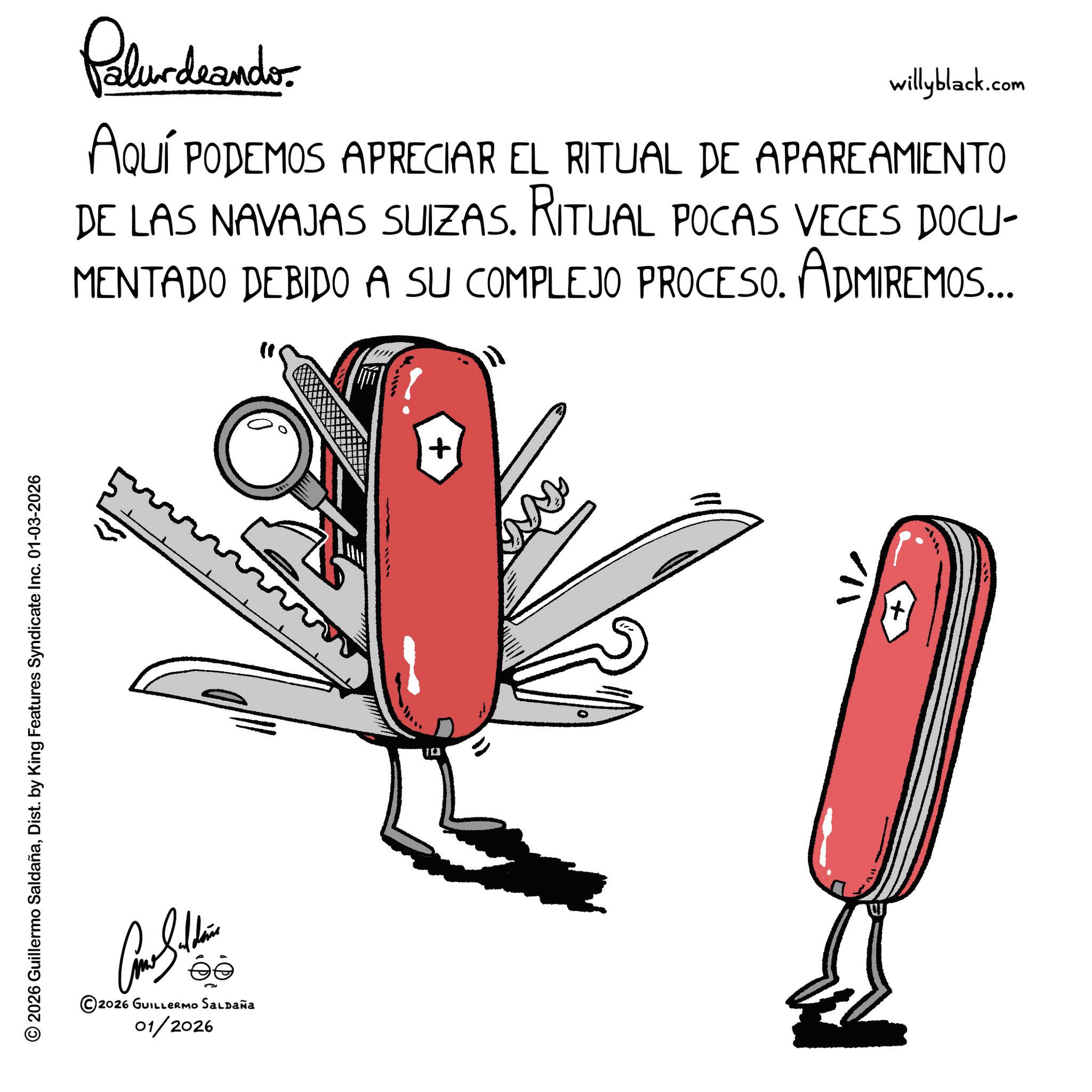 Graphic design OCR: © 2026 Guillermo SaldañaDist. by King Features Syndicate Inc. 01-03-2026 ?? ©2026 GUILLERMO SALDAÑA 01/2026 Palurdaando willyblack.com AQUÍ PODEMOS APRECIAR EL RITUAL DE APAREAMIENTO DE LAS NAVAJAS SUIZAS. RITUAL POCAS VECES DOCU- MENTADO DEBIDO A SU COMPLEJO PROCESO. ADMIREMOS... + © 2026 Guillermo SaldañaDist . by King Features Syndicate Inc. 01-03-2026 ?? © 2026 GUILLERMO SALDAÑA 01/2026 Palurdaando willyblack.com AQUÍ PODEMOS APRECIAR EL RITUAL DE APAREAMIENTO DE LAS NAVAJAS SUIZAS . RITUAL POCAS VECES DOCU- MENTADO DEBIDO A SU COMPLEJO PROCESO . ADMIREMOS ... +