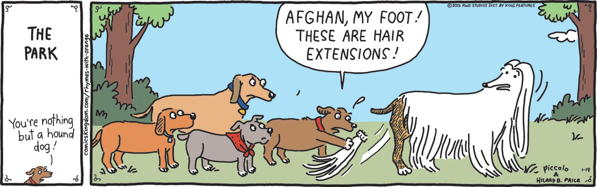 Herding OCR: g THE PARK You're nothing but a hound dog! comicskingdom.com/rhymes-with-orange ? ? M AFGHANMY FOOT! THESE ARE HAIR EXTENSIONS! 2026 RWO STUDIOS DIST. BY KING FEATURES w K • Piccolo & HILARY B. PRICE 1-19 g THE PARK You're nothing but a hound dog ! comicskingdom.com/rhymes-with-orange ? ? M AFGHANMY FOOT ! THESE ARE HAIR EXTENSIONS ! 2026 RWO STUDIOS DIST . BY KING FEATURES w K • Piccolo & HILARY B. PRICE 1-19