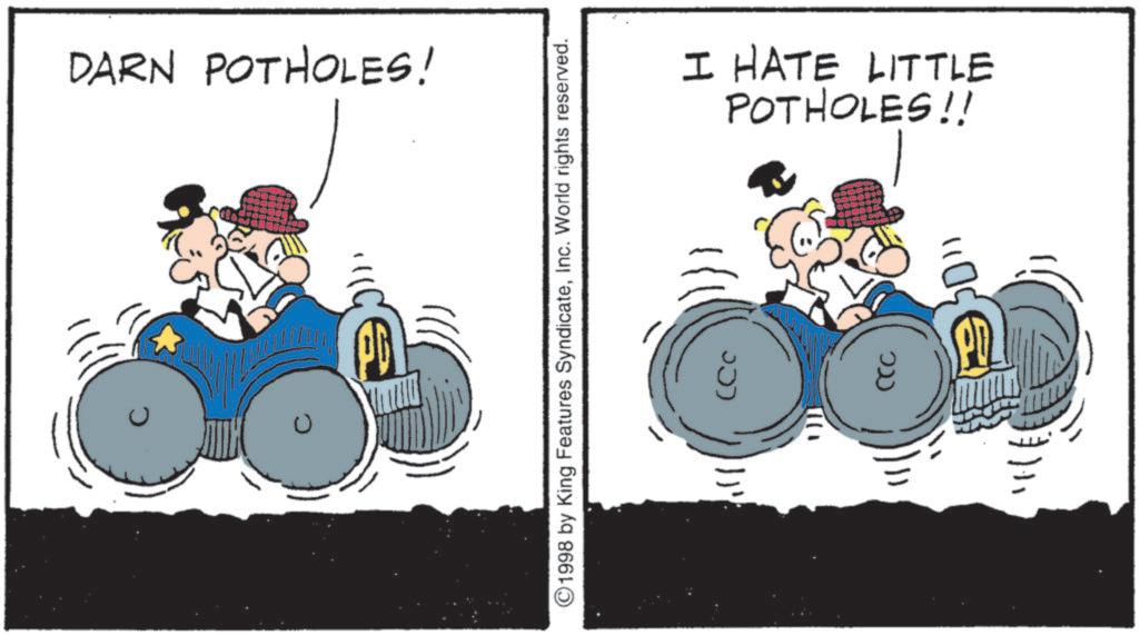 Animated cartoon OCR: DARN POTHOLES! 1998 by King Features SyndicateInc. World rights reserved. :ill POTHOLES!! I HATE LITTLE DARN POTHOLES ! 1998 by King Features SyndicateInc. World rights reserved . : ill POTHOLES !! I HATE LITTLE