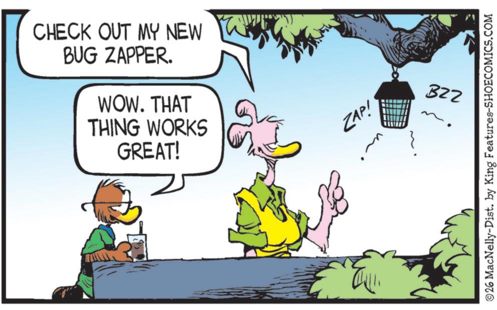 Animated cartoon OCR: CHECK OUT MY NEW BUG ZAPPER. WOW. THAT THING WORKS GREAT! ZAP! B22 ©26 MacNelly-Dist. by King Features-SHOECOMICS.COM CHECK OUT MY NEW BUG ZAPPER . WOW . THAT THING WORKS GREAT ! ZAP ! B22 © 26 MacNelly - Dist . by King Features-SHOECOMICS.COM