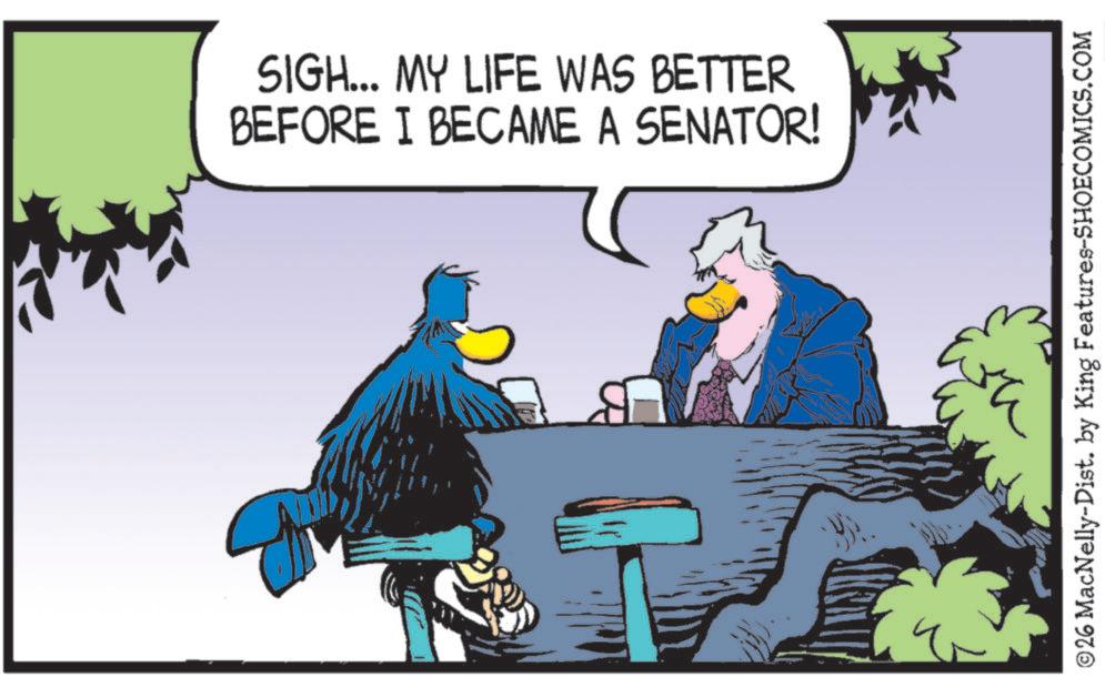 Graphics OCR: SIGH... MY LIFE WAS BETTER BEFORE I BECAME A SENATOR! ©26 MacNelly-Dist. by King Features-SHOECOMICS.COM i SIGH ... MY LIFE WAS BETTER BEFORE I BECAME A SENATOR ! © 26 MacNelly - Dist . by King Features-SHOECOMICS.COM i