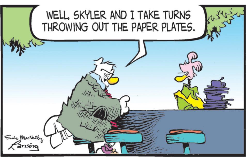 Animated cartoon OCR: WELLSKYLER AND I TAKE TURNS THROWING OUT THE PAPER PLATES. Susie MacNelly Ransing ? WELLSKYLER AND I TAKE TURNS THROWING OUT THE PAPER PLATES . Susie MacNelly Ransing ?