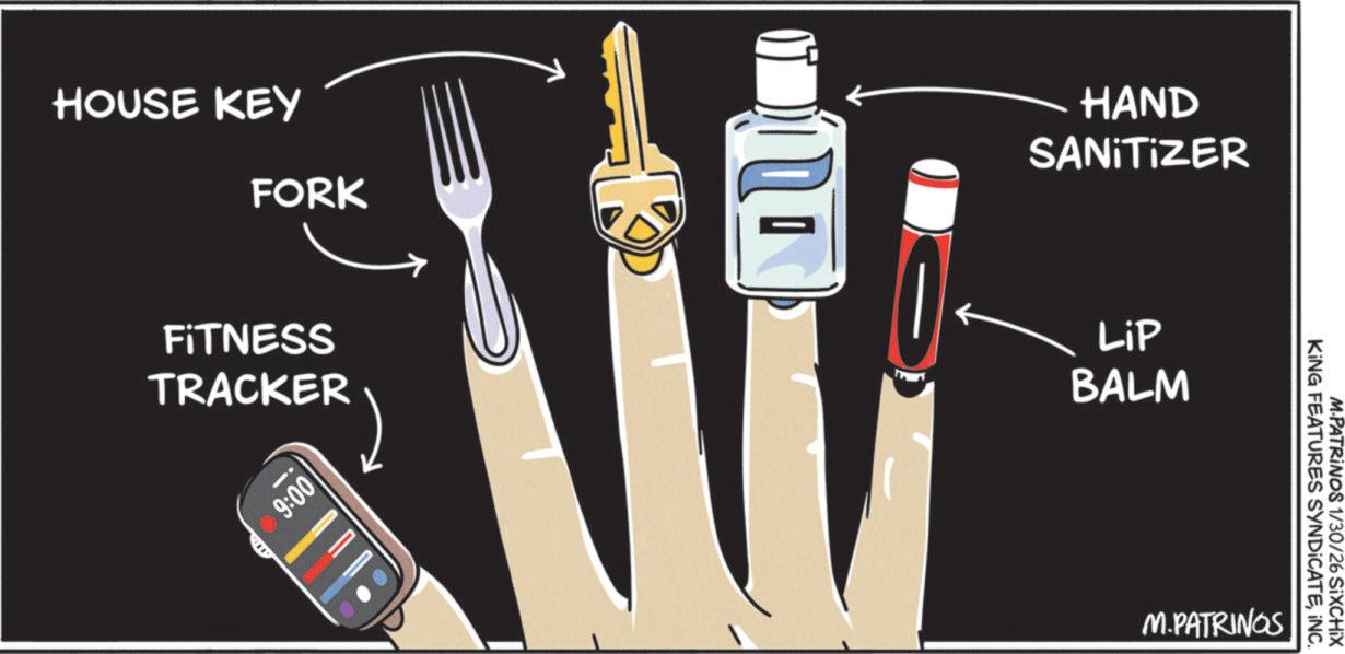 Office Instrument OCR: HOUSE KEY FORK FITNESS TRACKER 9:00 HAND SANITIZER Lip BALM M.PATRINGS KING FEATURES SYNDICATEINC. M-PATRINOS 1/30/26 SIXCHIX HOUSE KEY FORK FITNESS TRACKER 9:00 HAND SANITIZER Lip BALM M.PATRINGS KING FEATURES SYNDICATEINC . M - PATRINOS 1/30/26 SIXCHIX