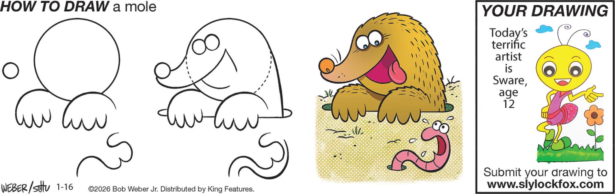 Coloring book OCR: HOW TO DRAW a mole ? ??? YOUR DRAWING Today's terrific artist is Swareage 12 WEBER/Settu 1-16 ©2026 Bob Weber Jr. Distributed by King Features. Submit your drawing to www.slylockfox.com HOW TO DRAW a mole ? ??? YOUR DRAWING Today's terrific artist is Swareage 12 WEBER / Settu 1-16 © 2026 Bob Weber Jr. Distributed by King Features . Submit your drawing to www.slylockfox.com