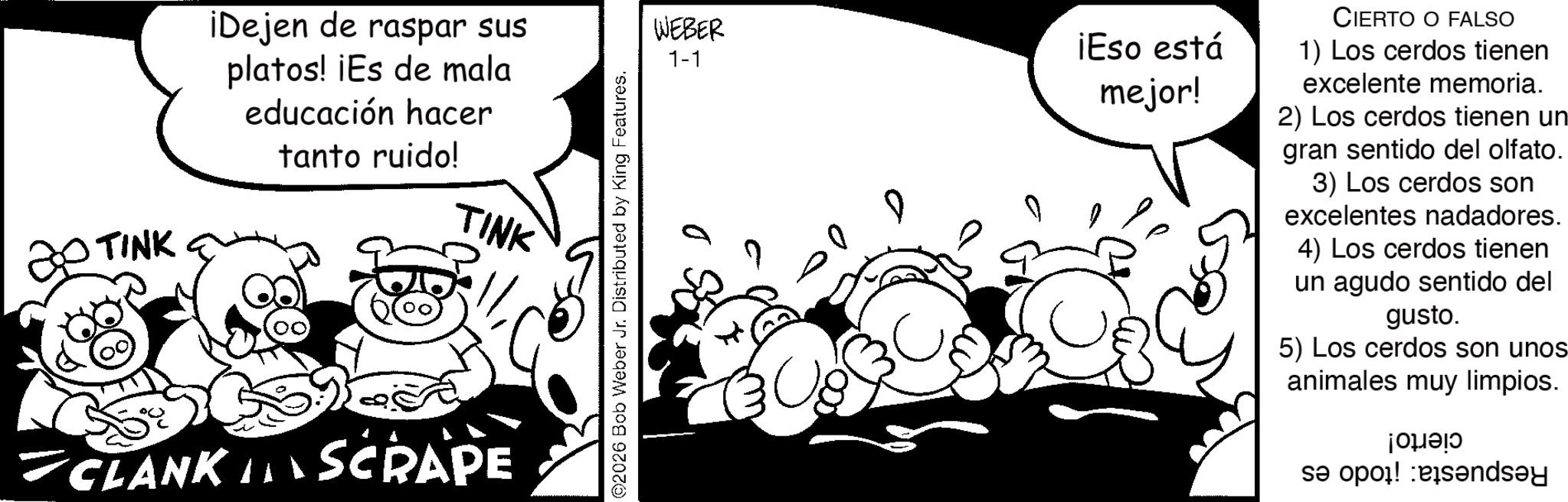 Fiction OCR: TINK iDejen de raspar sus platos! ¡Es de mala educación hacer tanto ruido! TINK CLANK SCRAPE I ©2026 Bob Weber Jr. Distributed by King Features. WEBER 1-1 ¡Eso está mejor! CIERTO O FALSO 1) Los cerdos tienen excelente memoria. 2) Los cerdos tienen un gran sentido del olfato. 3) Los cerdos son excelentes nadadores. 4) Los cerdos tienen un agudo sentido del gusto. 5) Los cerdos son unos animales muy limpios. jone?? sa por sands?y TINK iDejen de raspar sus platos ! ¡ Es de mala educación hacer tanto ruido ! TINK CLANK SCRAPE I © 2026 Bob Weber Jr. Distributed by King Features . WEBER 1-1 ¡ Eso está mejor ! CIERTO O FALSO 1 ) Los cerdos tienen excelente memoria . 2 ) Los cerdos tienen un gran sentido del olfato . 3 ) Los cerdos son excelentes nadadores . 4 ) Los cerdos tienen un agudo sentido del gusto . 5 ) Los cerdos son unos animales muy limpios . jone ?? sa por sands?y