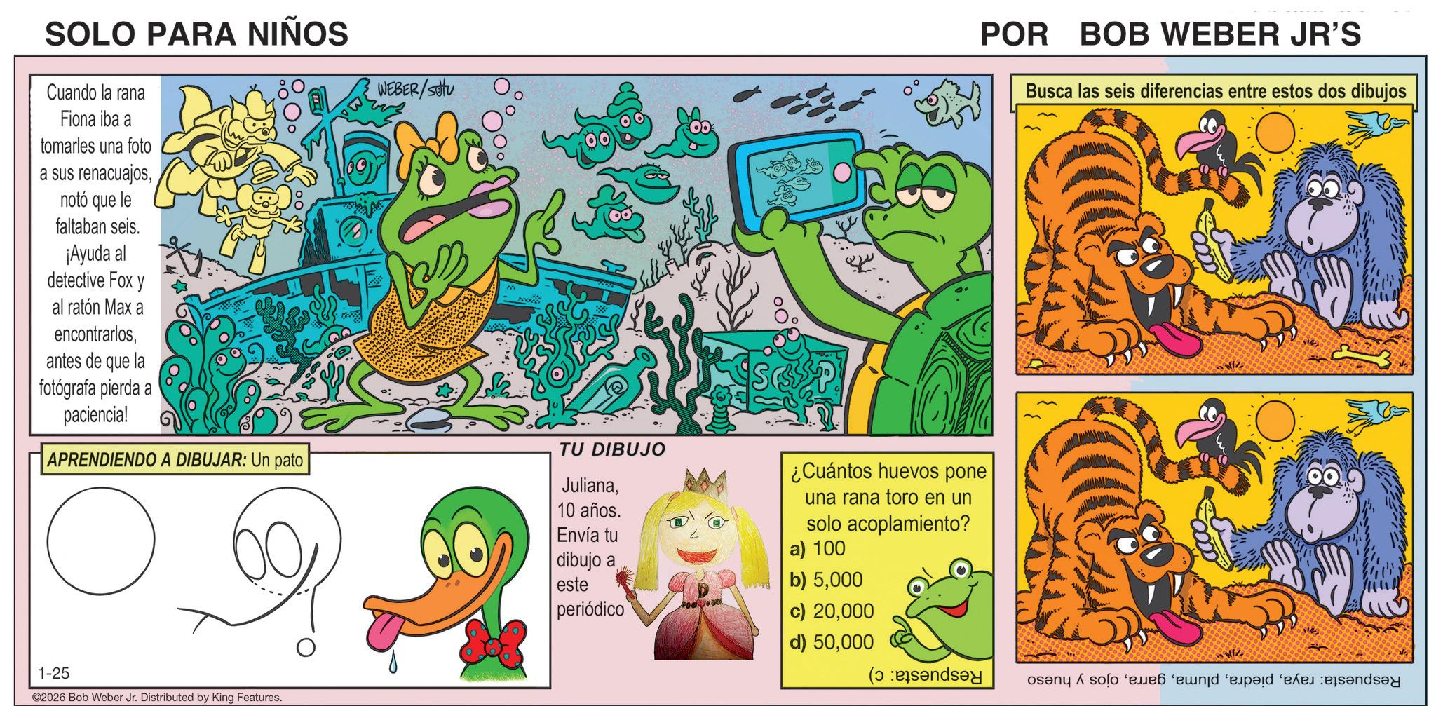 Fiction OCR: SOLO PARA NIÑOS Cuando la rana Fiona iba a tomarles una foto a sus renacuajosnotó que le faltaban seis. ¡Ayuda al detective Fox y al ratón Max a encontrarlosantes de que la fotógrafa pierda a paciencia! APRENDIENDO A DIBUJAR: Un pato 00 WEBER/setu TU DIBUJO Juliana10 años. Envía tu dibujo a este periódico ¿Cuántos huevos pone una rana toro en un solo acoplamiento? a) 100 b) 5000 1-25 ©2026 Bob Weber Jr. Distributed by King Features. POR BOB WEBER JR'S Busca las seis diferencias entre estos dos dibujos c) 20000 d) 50000 (and ? so de de SOLO PARA NIÑOS Cuando la rana Fiona iba a tomarles una foto a sus renacuajosnotó que le faltaban seis . ¡ Ayuda al detective Fox y al ratón Max a encontrarlosantes de que la fotógrafa pierda a paciencia ! APRENDIENDO A DIBUJAR : Un pato 00 WEBER / setu TU DIBUJO Juliana10 años . Envía tu dibujo a este periódico ¿ Cuántos huevos pone una rana toro en un solo acoplamiento ? a ) 100 b ) 5000 1-25 © 2026 Bob Weber Jr. Distributed by King Features . POR BOB WEBER JR'S Busca las seis diferencias entre estos dos dibujos c ) 20000 d ) 50000 ( and ? so de de