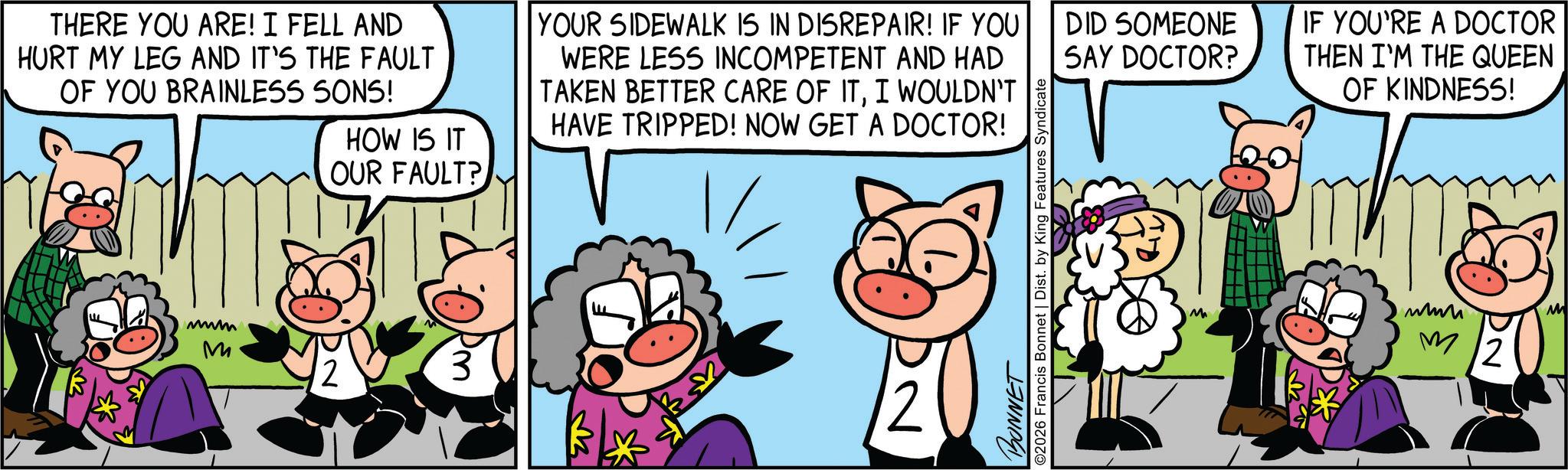 Comic book OCR: THERE YOU ARE! I FELL AND HURT MY LEG AND IT'S THE FAULT OF YOU BRAINLESS SONS! HOW IS IT OUR FAULT? YOUR SIDEWALK IS IN DISREPAIR! IF YOU WERE LESS INCOMPETENT AND HAD TAKEN BETTER CARE OF ITI WOULDN'T HAVE TRIPPED! NOW GET A DOCTOR! 33 mm M 3 2 BONNET ©2026 Francis Bonnet | Dist. by King Features Syndicate DID SOMEONE SAY DOCTOR? IF YOU'RE A DOCTOR THEN I'M THE QUEEN OF KINDNESS! M www M2 M THERE YOU ARE ! I FELL AND HURT MY LEG AND IT'S THE FAULT OF YOU BRAINLESS SONS ! HOW IS IT OUR FAULT ? YOUR SIDEWALK IS IN DISREPAIR ! IF YOU WERE LESS INCOMPETENT AND HAD TAKEN BETTER CARE OF ITI WOULDN'T HAVE TRIPPED ! NOW GET A DOCTOR ! 33 mm M 3 2 BONNET © 2026 Francis Bonnet | Dist . by King Features Syndicate DID SOMEONE SAY DOCTOR ? IF YOU'RE A DOCTOR THEN I'M THE QUEEN OF KINDNESS ! M www M2 M