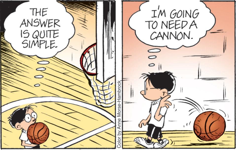 Basketball Hoop OCR: THE ANSWER IS QUITE SIMPLE. I'M GOING TO NEED A CANNON. Color by Anne Morse-Hambrock THE ANSWER IS QUITE SIMPLE . I'M GOING TO NEED A CANNON . Color by Anne Morse - Hambrock