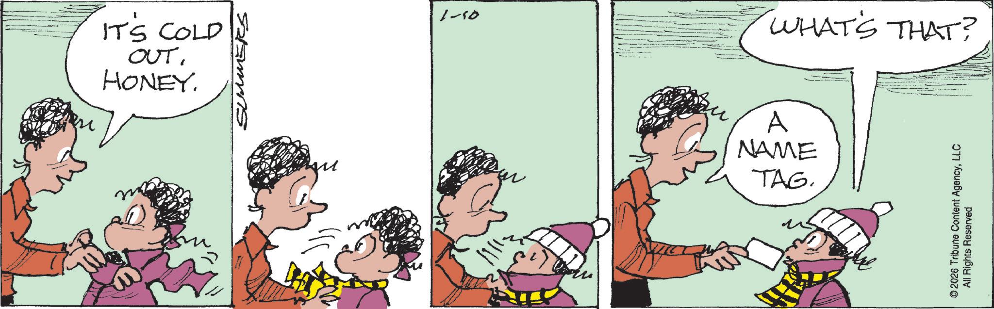 Conversation OCR: IT'S COLD OUT. HONEY. SUMMERS 1-10 WHAT'S THAT? A NAME TAG. © 2026 Tribune Content AgencyLLC All Rights Reserved IT'S COLD OUT . HONEY . SUMMERS 1-10 WHAT'S THAT ? A NAME TAG . © 2026 Tribune Content AgencyLLC All Rights Reserved