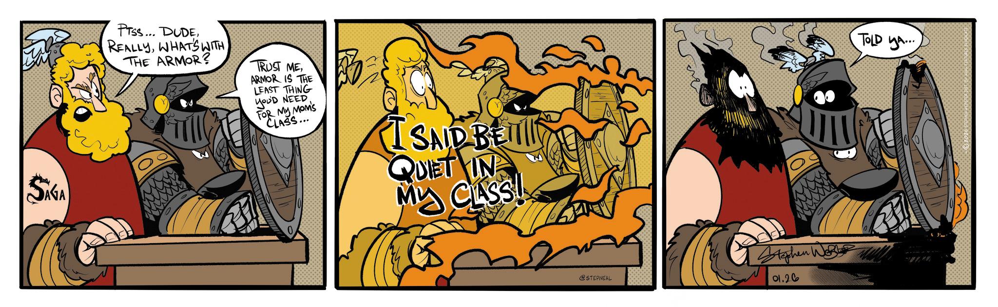 Conversation OCR: SAGA PTSS... DUDEWHATS WITH THE ARMOR? TRUST MEARMOR IS THE LEAST THING You'D NEED FOR MY MOM'S CLASS... 37 I SAID BETT QUIET IN MY CLASS! Stephen W @STEPNEAL 01.26 TOLD YA... SAGA PTSS ... DUDEWHATS WITH THE ARMOR ? TRUST MEARMOR IS THE LEAST THING You'D NEED FOR MY MOM'S CLASS ... 37 I SAID BETT QUIET IN MY CLASS ! Stephen W @STEPNEAL 01.26 TOLD YA ...