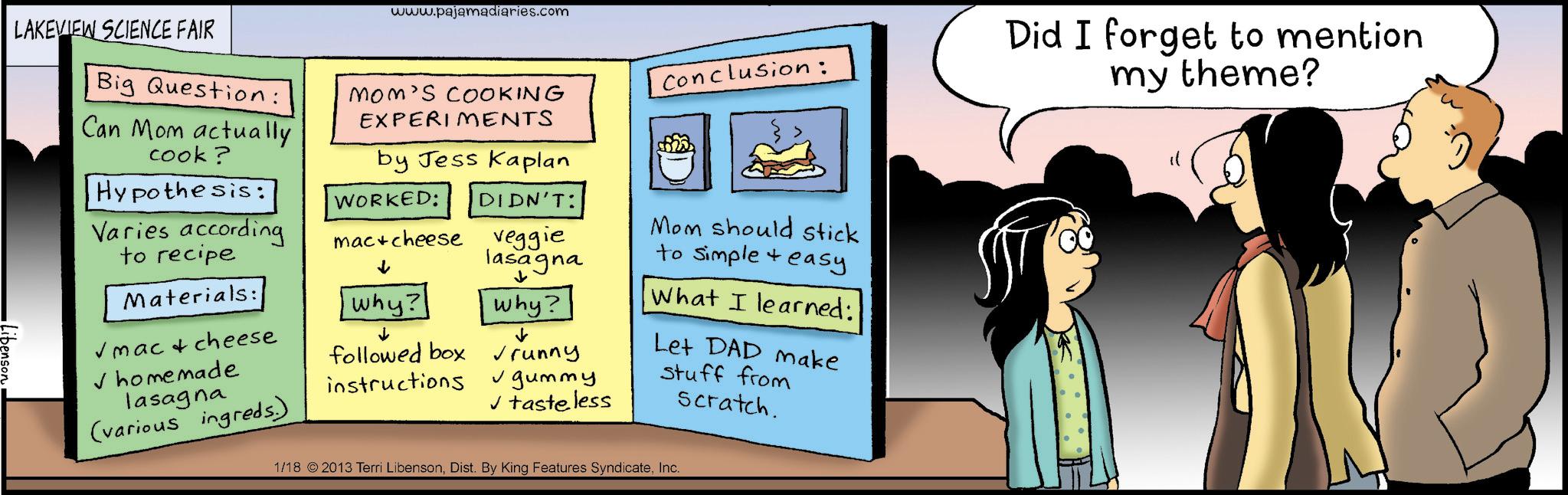 Comic book OCR: www.pajamadiaries.com LAKEVIEW SCIENCE FAIR Big Question: Can Mom actually cook? Hypothesis: Varies according to recipe Materials: Mom's COOKING EXPERIMENTS by Jess Kaplan DIDN'T: WORKED: mac+cheese veggie Conclusion: Mom should stick + ? lasagna to simple easy why? why? What I learned: ?mac & cheese followed box ? homemade runny instructions ? gummy lasagna (various ingreds.) ? tasteless Let DAD make stuff from scratch. 1/18 2013 Terri LibensonInc. Did I forget to mention my theme? " www.pajamadiaries.com LAKEVIEW SCIENCE FAIR Big Question : Can Mom actually cook ? Hypothesis : Varies according to recipe Materials : Mom's COOKING EXPERIMENTS by Jess Kaplan DIDN'T : WORKED : mac + cheese veggie Conclusion : Mom should stick + ? lasagna to simple easy why ? why ? What I learned : ?mac & cheese followed box ? homemade runny instructions ? gummy lasagna ( various ingreds . ) ? tasteless Let DAD make stuff from scratch . 1/18 2013 Terri LibensonDist . By King Features SyndicateInc. Did I forget to mention my theme ? "
