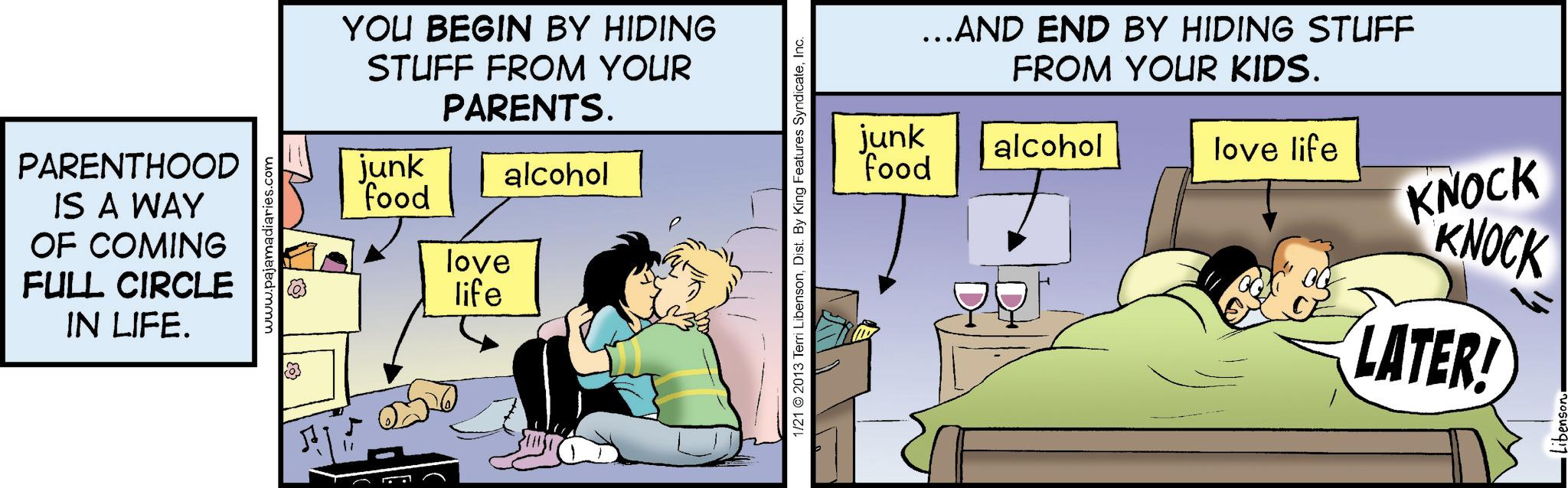 Publication OCR: PARENTHOOD IS A WAY OF COMING FULL CIRCLE IN LIFE. www.pajamadiaries.com YOU BEGIN BY HIDING STUFF FROM YOUR junk food PARENTS. love life alcohol 1/21 © 2013 Terri LibensonInc. ...AND END BY HIDING STUFF FROM YOUR KIDS. junk alcohol food love life KNOCK KNOCK LATER! PARENTHOOD IS A WAY OF COMING FULL CIRCLE IN LIFE . www.pajamadiaries.com YOU BEGIN BY HIDING STUFF FROM YOUR junk food PARENTS . love life alcohol 1/21 © 2013 Terri LibensonDist . By King Features SyndicateInc. ... AND END BY HIDING STUFF FROM YOUR KIDS . junk alcohol food love life KNOCK KNOCK LATER !