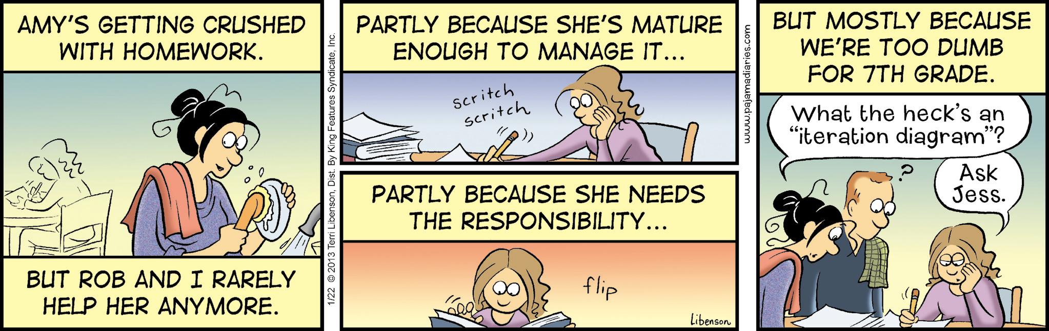 Happiness OCR: AMY'S GETTING CRUSHED WITH HOMEWORK. BUT ROB AND I RARELY HELP HER ANYMORE. 1/22 2013 Terri LibensonInc. PARTLY BECAUSE SHE'S MATURE ENOUGH TO MANAGE IT….. Scritch Scritch PARTLY BECAUSE SHE NEEDS THE RESPONSIBILITY... flip www.pajamadiaries.com BUT MOSTLY BECAUSE WE'RE TOO DUMB FOR 7TH GRADE. What the heck's an "iteration diagram"? Ask Jess. Libenson AMY'S GETTING CRUSHED WITH HOMEWORK . BUT ROB AND I RARELY HELP HER ANYMORE . 1/22 2013 Terri LibensonDist . By King Features SyndicateInc. PARTLY BECAUSE SHE'S MATURE ENOUGH TO MANAGE IT … .. Scritch Scritch PARTLY BECAUSE SHE NEEDS THE RESPONSIBILITY ... flip www.pajamadiaries.com BUT MOSTLY BECAUSE WE'RE TOO DUMB FOR 7TH GRADE . What the heck's an " iteration diagram " ? Ask Jess . Libenson