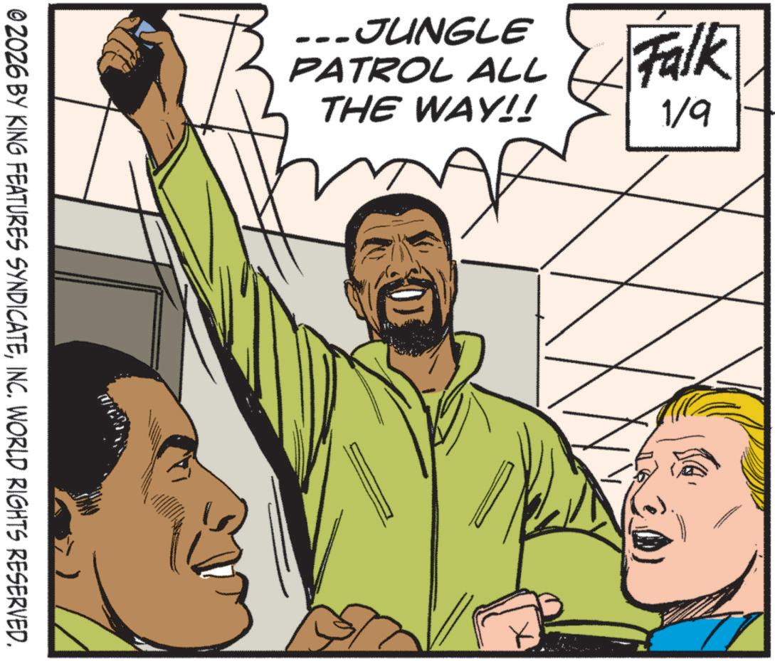 Animated cartoon OCR: ---JUNGLE PATROL ALL THE WAY!! 02026 BY KING FEATURES SYNDICATEINC. WORLD RIGHTS RESERVED. Falk 1/9 () --- JUNGLE PATROL ALL THE WAY !! 02026 BY KING FEATURES SYNDICATEINC . WORLD RIGHTS RESERVED . Falk 1/9 ( )