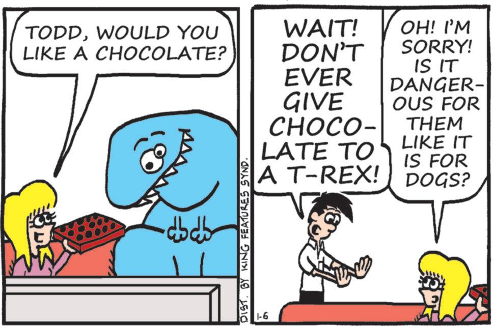 Pleased OCR: TODDWOULD YOU LIKE A CHOCOLATE? -dbdb DIST. BY KING FEATURES SYND. 1-6 WAIT! DON'T EVER GIVE OH! I'M SORRY! CHOCO- IS IT DANGER- OUS FOR THEM LIKE IT IS FOR LATE TO A T-REX! DOGS? TODDWOULD YOU LIKE A CHOCOLATE ? -dbdb DIST . BY KING FEATURES SYND . 1-6 WAIT ! DON'T EVER GIVE OH ! I'M SORRY ! CHOCO- IS IT DANGER- OUS FOR THEM LIKE IT IS FOR LATE TO A T - REX ! DOGS ?
