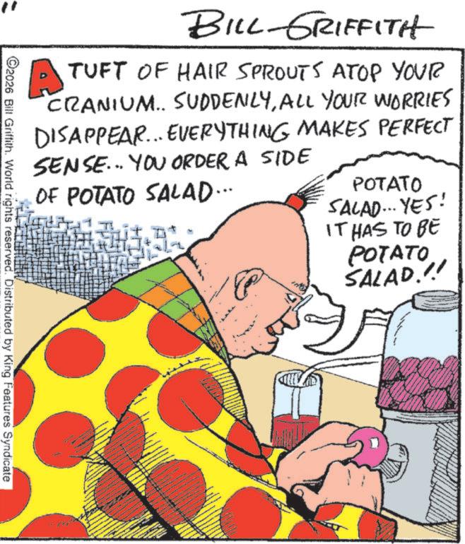 Animation OCR: A BILL-GRIFFITH TUFT OF HAIR SPROUTS ATOP YOUR CRANIUM.. SUDDENLYALL YOUR WORRIES DISAPPEAR... EVERYTHING MAKES PERFECT SENSE... YOU ORDER A SIDE OF POTATO SALAD... |? POTATO SALAD... YES! IT HAS TO BE POTATO SALAD.!! ©2026 Bill Griffith. World rights reserved. Distributed by King Features Syndicate A BILL - GRIFFITH TUFT OF HAIR SPROUTS ATOP YOUR CRANIUM .. SUDDENLYALL YOUR WORRIES DISAPPEAR ... EVERYTHING MAKES PERFECT SENSE ... YOU ORDER A SIDE OF POTATO SALAD ... | ? POTATO SALAD ... YES ! IT HAS TO BE POTATO SALAD . !! © 2026 Bill Griffith . World rights reserved . Distributed by King Features Syndicate