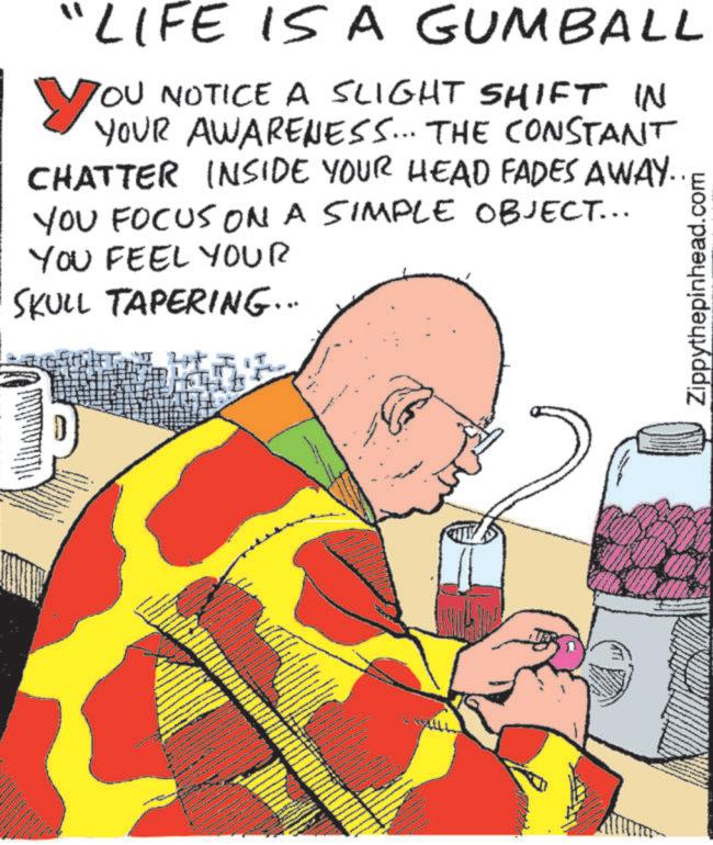 Graphic design OCR: "LIFE IS A GUMBALL YOU NOTICE A SLIGHT SHIFT IN YOUR AWARENESS... THE CONSTANT CHATTER INSIDE YOUR HEAD FADES AWAY.. YOU FOCUS ON A SIMPLE OBJECT... YOU FEEL YOUR SKULL TAPERING... Zippythepinhead.com " LIFE IS A GUMBALL YOU NOTICE A SLIGHT SHIFT IN YOUR AWARENESS ... THE CONSTANT CHATTER INSIDE YOUR HEAD FADES AWAY .. YOU FOCUS ON A SIMPLE OBJECT ... YOU FEEL YOUR SKULL TAPERING ... Zippythepinhead.com