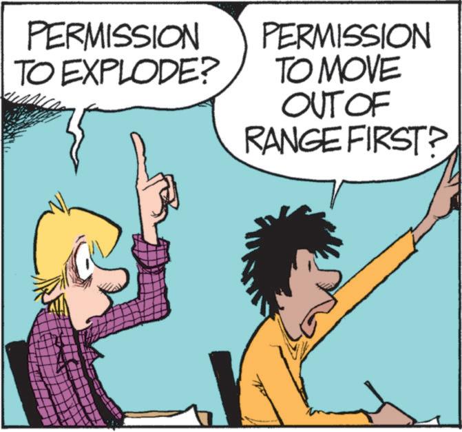 Graphics OCR: PERMISSION TO EXPLODE? PERMISSION TO MOVE OUT OF RANGE FIRST? PERMISSION TO EXPLODE ? PERMISSION TO MOVE OUT OF RANGE FIRST ?