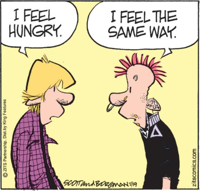 Animation OCR: ZITS Partnership. Dist. by King Features I FEEL HUNGRY. SCOTTandBORGMAN1/19 I FEEL THE SAME WAY. zitscomics.com ZITS Partnership . Dist . by King Features I FEEL HUNGRY . SCOTTandBORGMAN1 / 19 I FEEL THE SAME WAY . zitscomics.com