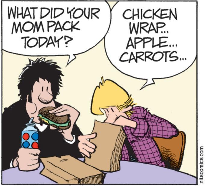 Comic book OCR: WHAT DID YOUR MOM PACK TODAY? CHICKEN WRAP... APPLE... CARROTS... zitscomics.com WHAT DID YOUR MOM PACK TODAY ? CHICKEN WRAP ... APPLE ... CARROTS ... zitscomics.com