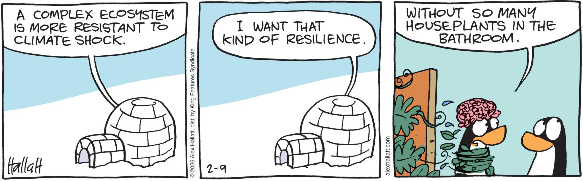 Fiction OCR: Hallalt A COMPLEX ECOSYSTEM IS MORE RESISTANT TO CLIMATE SHOCK. © 2026 Alex Hallattdist. by King Features Syndicate 2-9 I WANT THAT KIND OF RESILIENCE. WITHOUT SO MANY HOUSE PLANTS IN THE BATHROOM. alexhallatt.com Hallalt A COMPLEX ECOSYSTEM IS MORE RESISTANT TO CLIMATE SHOCK . © 2026 Alex Hallattdist . by King Features Syndicate 2-9 I WANT THAT KIND OF RESILIENCE . WITHOUT SO MANY HOUSE PLANTS IN THE BATHROOM . alexhallatt.com