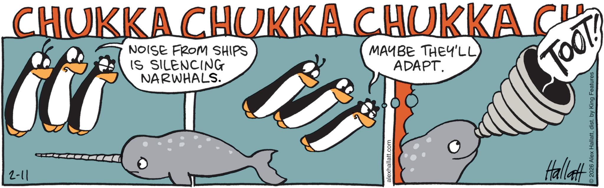 Comic book OCR: 2-11 CHUKKA CHUKKA CHUKKA CH NOISE FROM SHIPS IS SILENCING NARWHALS. MAYBE THEY'LL ADAPT. ???? Too alexhallatt.com 2026 Alex Hallattdist. by King Features Hallatt 2-11 CHUKKA CHUKKA CHUKKA CH NOISE FROM SHIPS IS SILENCING NARWHALS . MAYBE THEY'LL ADAPT . ???? Too alexhallatt.com 2026 Alex Hallattdist . by King Features Hallatt