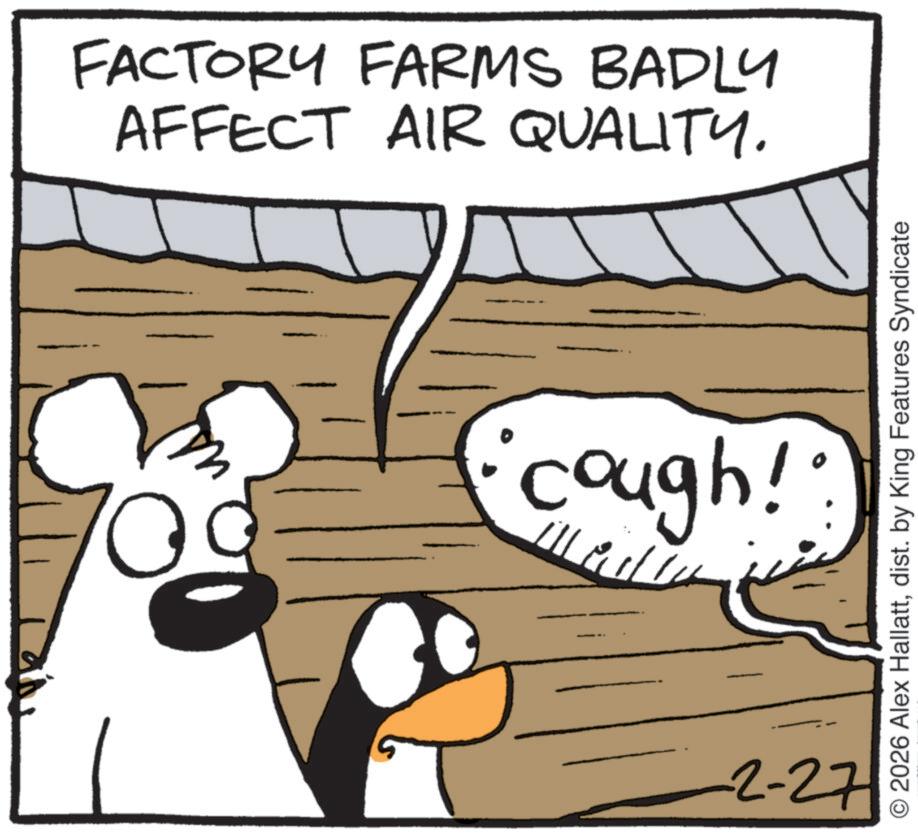 Fiction OCR: FACTORY FARMS BADLY AFFECT AIR QUALITY. (cough!" 2-27 O2026 Alex Hallattdist. by King Features Syndicate FACTORY FARMS BADLY AFFECT AIR QUALITY . ( cough ! " 2-27 O2026 Alex Hallattdist . by King Features Syndicate