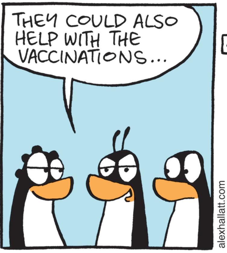 Photo caption OCR: THEY COULD ALSO HELP WITH THE VACCINATIONS... alexhallatt.com 1 THEY COULD ALSO HELP WITH THE VACCINATIONS ... alexhallatt.com 1