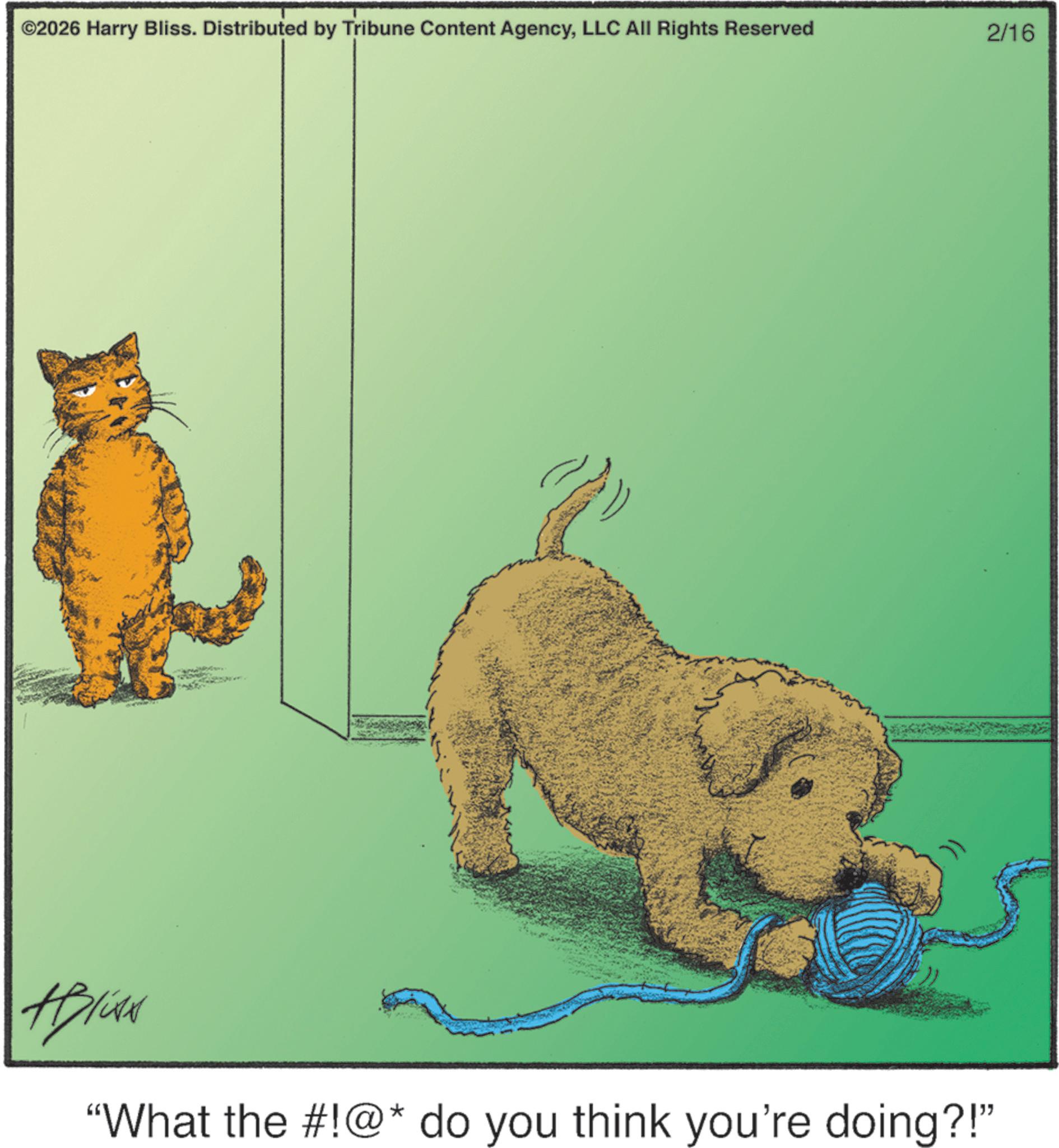 Toy dog OCR: ©2026 Harry Bliss. Distributed by Tribune Content AgencyLLC All Rights Reserved Applie "What the #!@* do you think you're doing?!" 2/16 © 2026 Harry Bliss . Distributed by Tribune Content AgencyLLC All Rights Reserved Applie " What the # ! @ * do you think you're doing ?! " 2/16