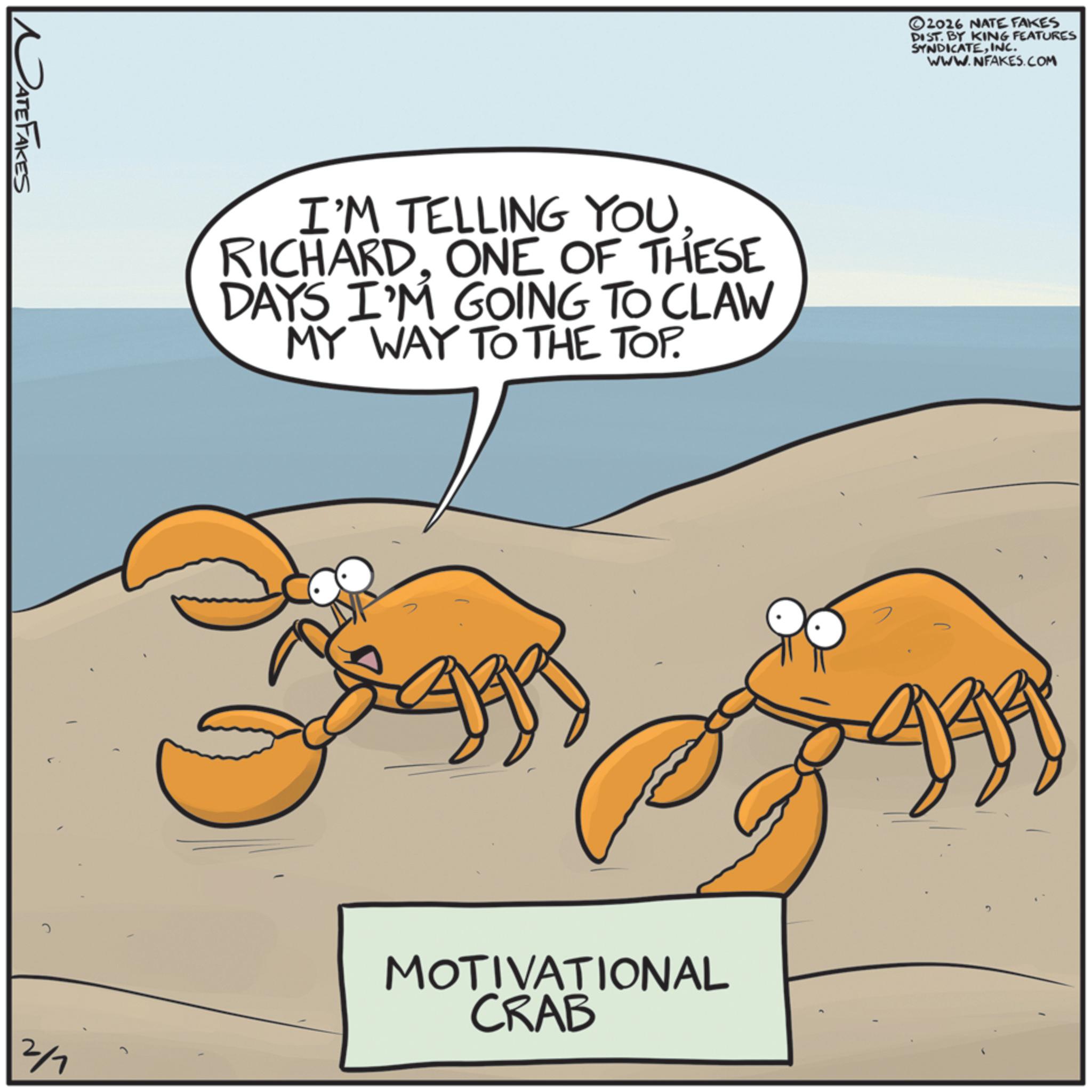 Decapods OCR: NATE FAKES I'M TELLING YOU RICHARDONE OF THESE DAYS I'M GOING TO CLAW MY WAY TO THE TOP. 2026 NATE FAKES DIST. BY KING FEATURES SYNDICATEINC. WWW.NFAKES.COM MOTIVATIONAL CRAB NATE FAKES I'M TELLING YOU RICHARDONE OF THESE DAYS I'M GOING TO CLAW MY WAY TO THE TOP . 2026 NATE FAKES DIST . BY KING FEATURES SYNDICATEINC . WWW.NFAKES.COM MOTIVATIONAL CRAB