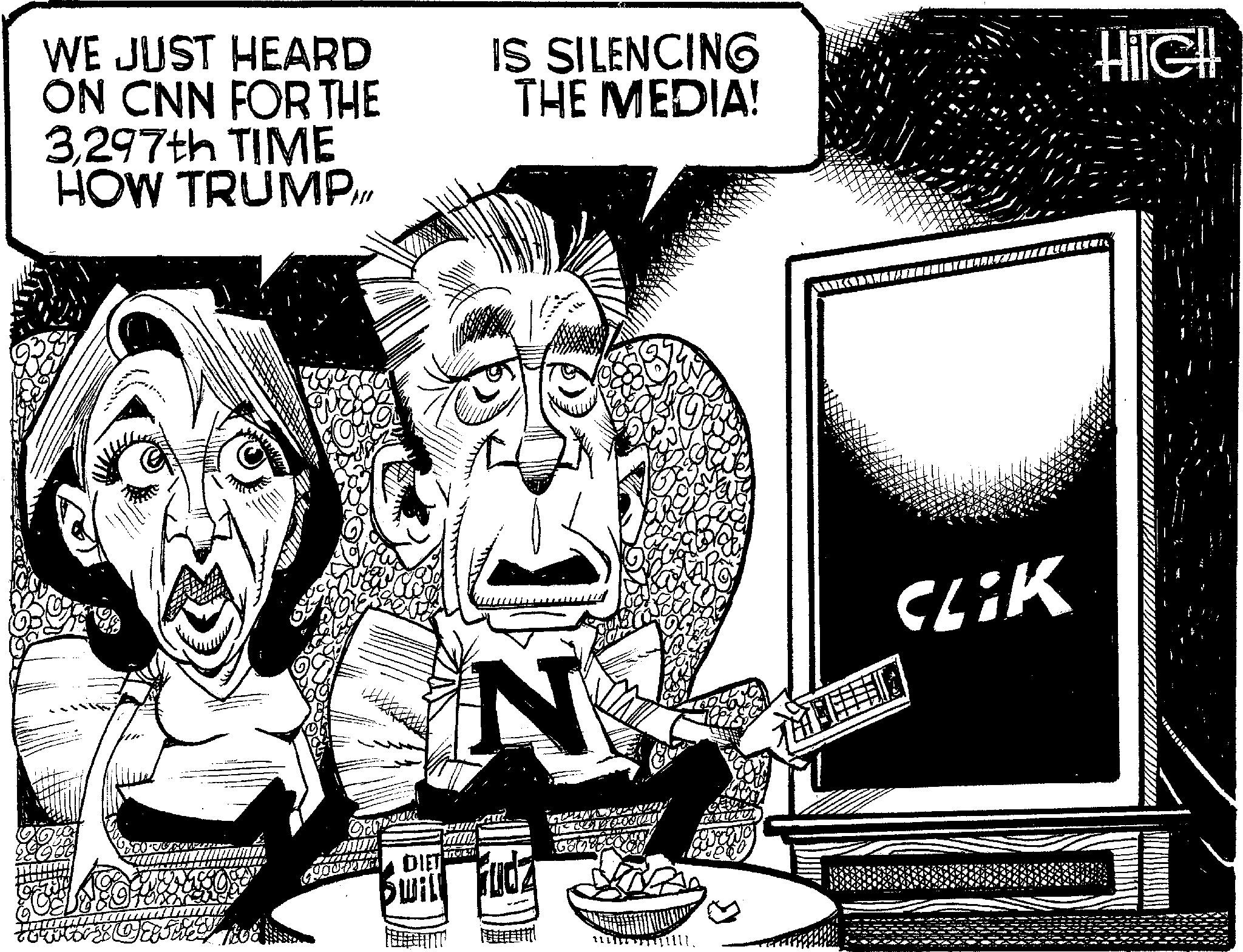 Photo caption OCR: WE JUST HEARD ON CNN FOR THE 3297th TIME HOW TRUMPH IS SILENCING THE MEDIA! N CLIK DIET YTINA TAUGH will fudz Hile WE JUST HEARD ON CNN FOR THE 3297th TIME HOW TRUMPH IS SILENCING THE MEDIA ! N CLIK DIET YTINA TAUGH will fudz Hile