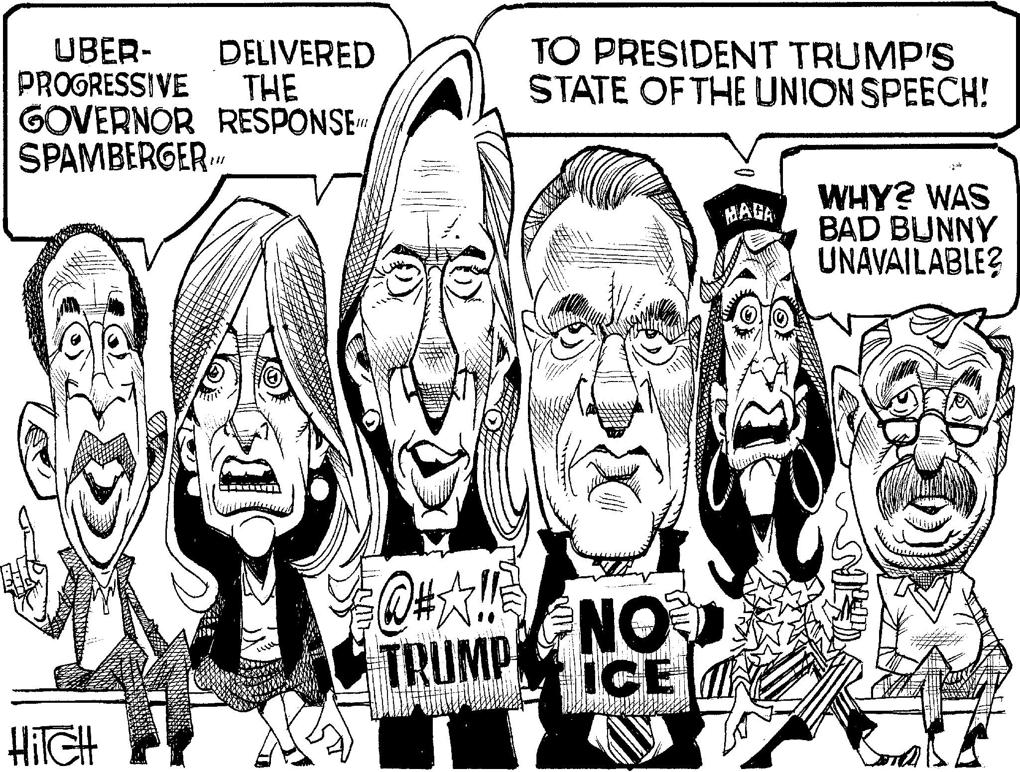 Fiction OCR: UBER- PROGRESSIVE DELIVERED THE GOVERNOR RESPONSE SPAMBERGER. TO PRESIDENT TRUMP'S STATE OF THE UNION SPEECH! WHY? WAS @#^!! TRUMP NO ICE HiTCH MAGA BAD BUNNY UNAVAILABLE? UBER- PROGRESSIVE DELIVERED THE GOVERNOR RESPONSE SPAMBERGER . TO PRESIDENT TRUMP'S STATE OF THE UNION SPEECH ! WHY ? WAS @ # ^ !! TRUMP NO ICE HiTCH MAGA BAD BUNNY UNAVAILABLE ?