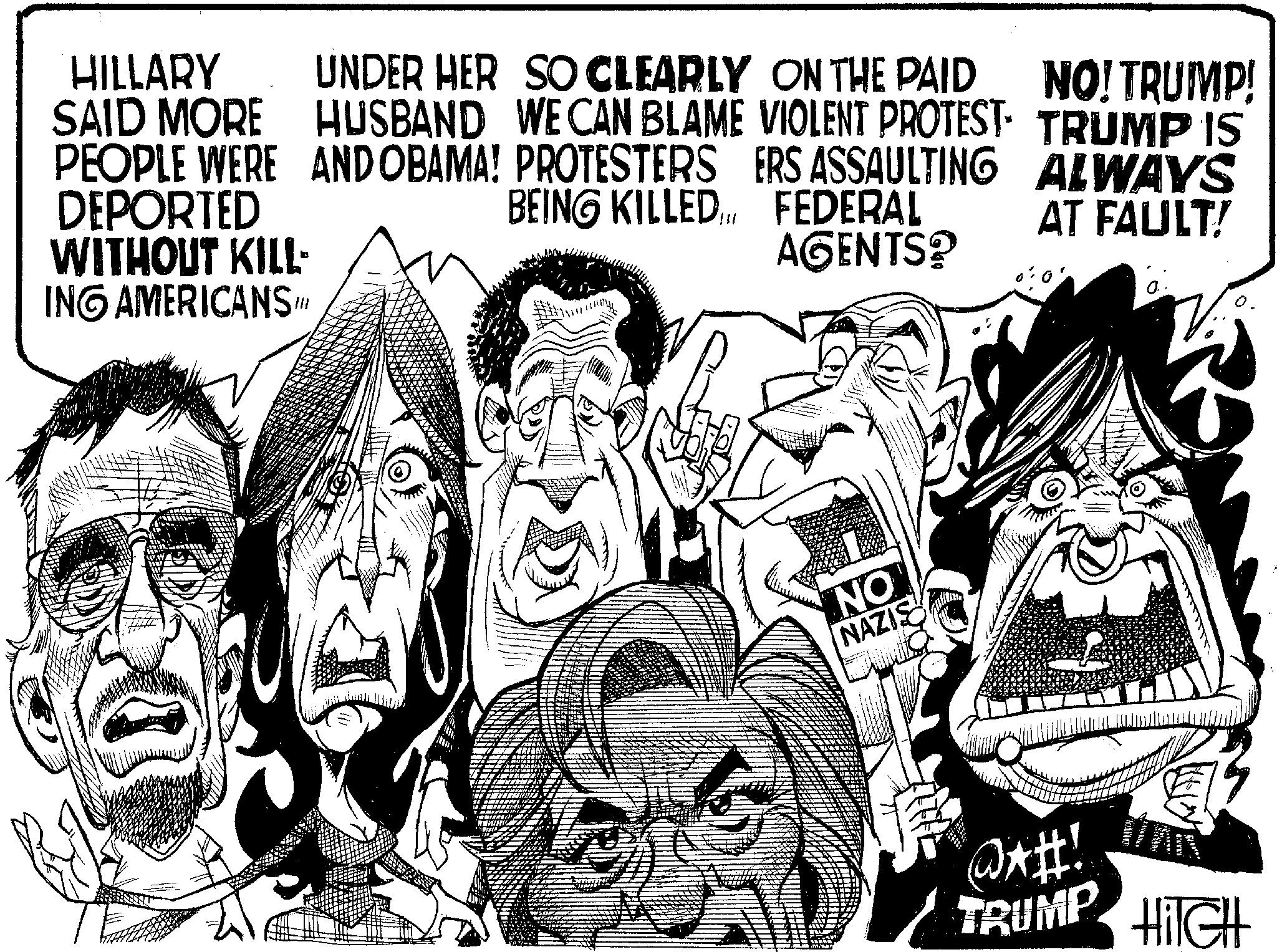 Illustration OCR: HILLARY SAID MORE NO! TRUMP! UNDER HER SO CLEARLY ON THE PAID HUSBAND WE CAN BLAME VIOLENT PROTEST TRUMP IS PEOPLE WERE AND OBAMA! PROTESTERS ERS ASSAULTING ALWAYS BEING KILLED. FEDERAL DEPORTED AT FAULT! WITHOUT KILL- ING AMERICANS AGENTS? NO NAZIS @AH! TRUMP HIGH HILLARY SAID MORE NO ! TRUMP ! UNDER HER SO CLEARLY ON THE PAID HUSBAND WE CAN BLAME VIOLENT PROTEST TRUMP IS PEOPLE WERE AND OBAMA ! PROTESTERS ERS ASSAULTING ALWAYS BEING KILLED . FEDERAL DEPORTED AT FAULT ! WITHOUT KILL- ING AMERICANS AGENTS ? NO NAZIS @AH ! TRUMP HIGH