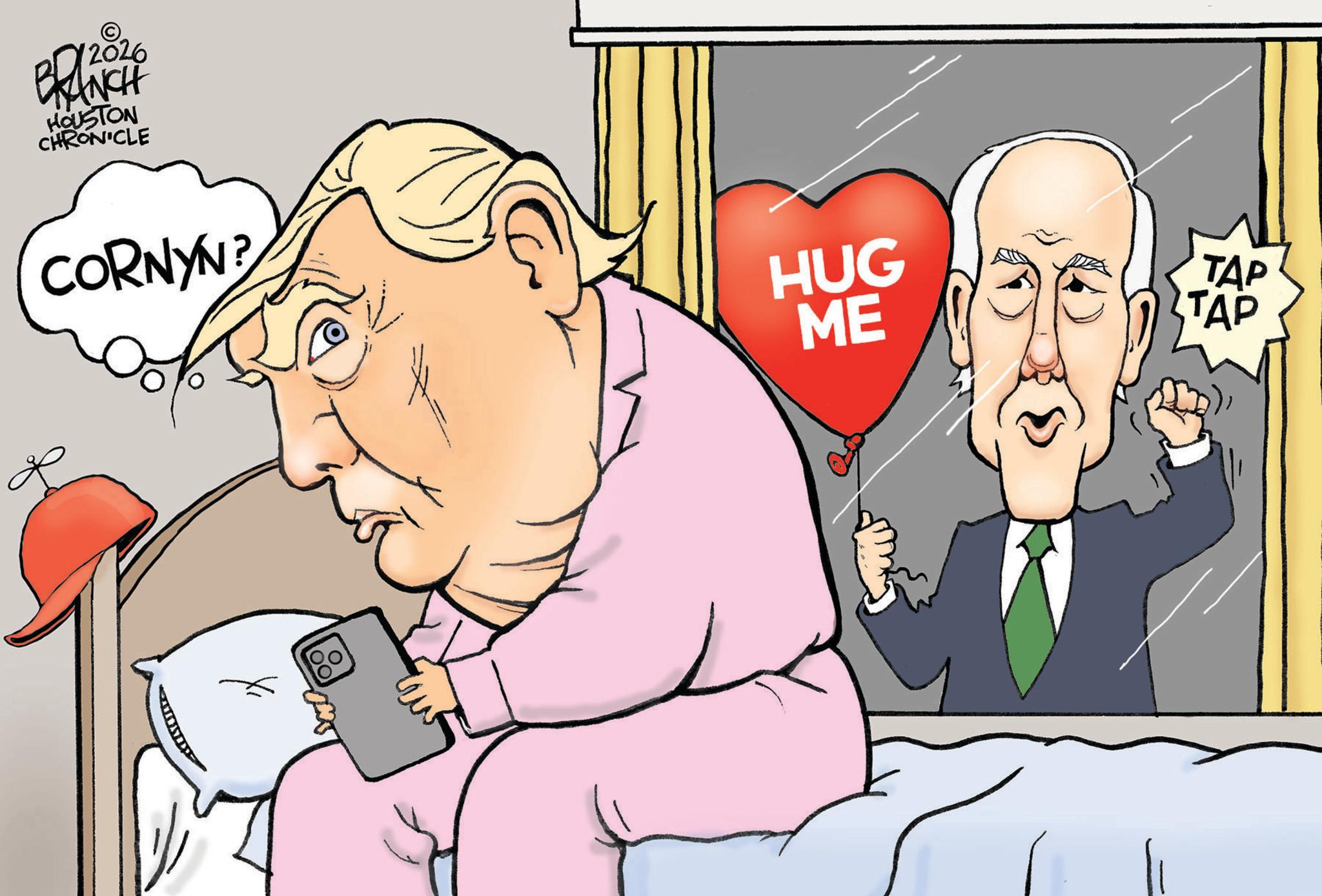 Animated cartoon OCR: 12026 BRANCH HOUSTON CHRONICLE CORNYN? HUG TAP ME TAP 12026 BRANCH HOUSTON CHRONICLE CORNYN ? HUG TAP ME TAP