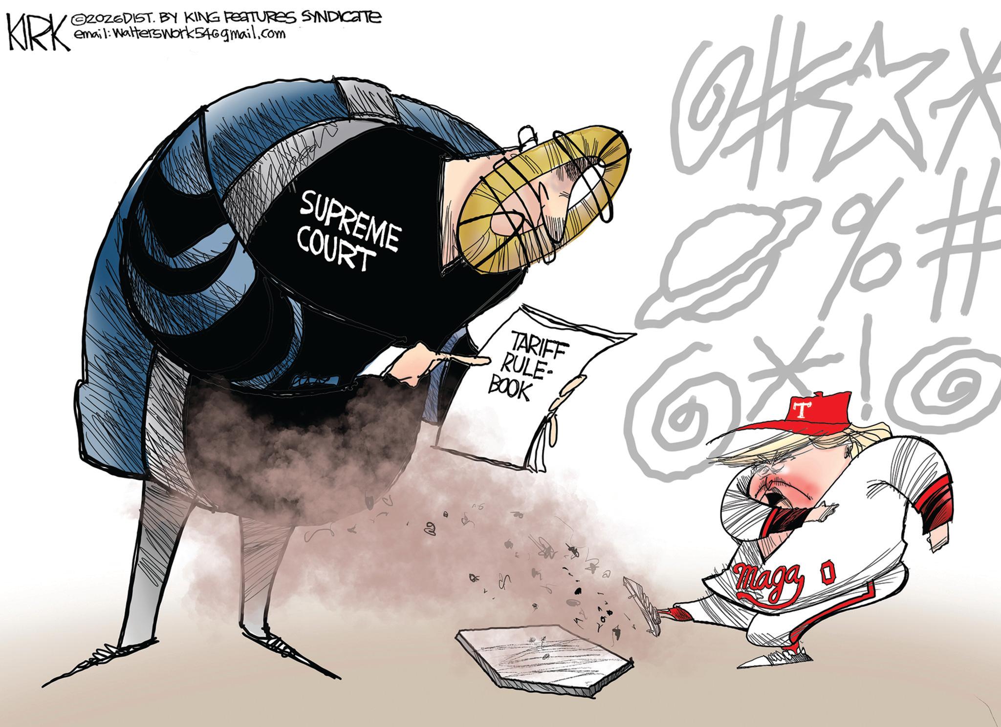 Animated cartoon OCR: KIRK 2026DIST. BY KING FEATURES SYNDICATE email: Walterswork546gmail.com SUPREME COURT $%# TARIFF RULE- BOOK T Maga KIRK 2026DIST . BY KING FEATURES SYNDICATE email : Walterswork546gmail.com SUPREME COURT $ % # TARIFF RULE- BOOK T Maga