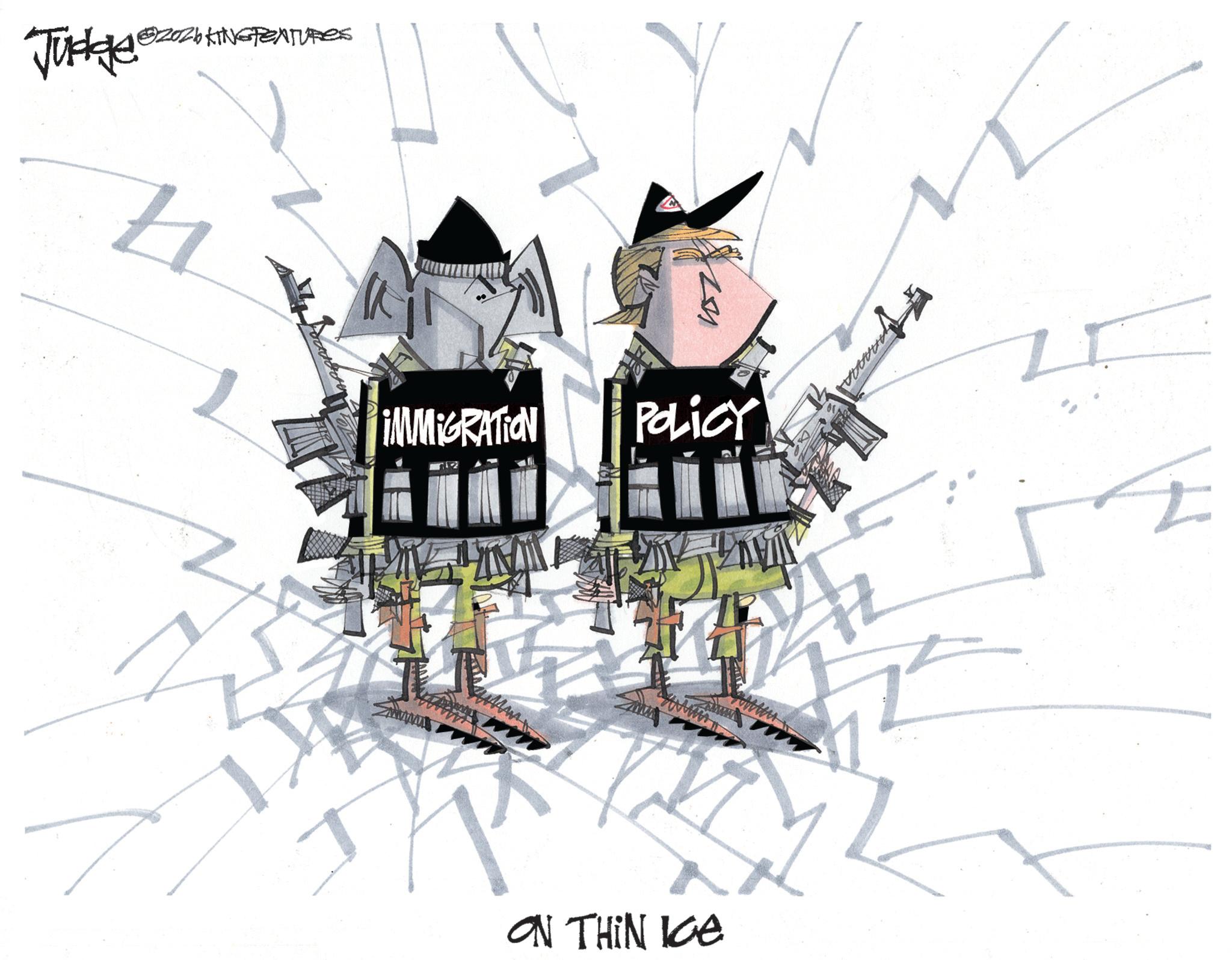 Graphic design OCR: Judge 202 KINGFEATURES IMMIGRATION POLICY www ?????? ON THIN Le Judge 202 KINGFEATURES IMMIGRATION POLICY www ?????? ON THIN Le