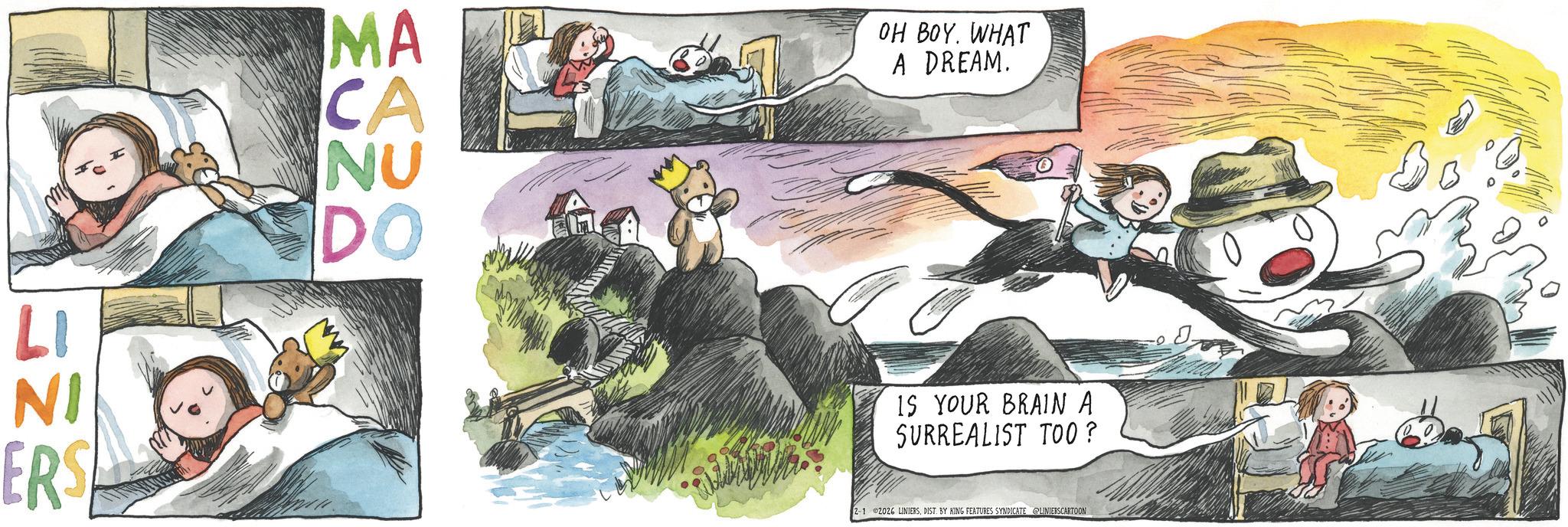 Publication OCR: LI NI ERS IMA CA NU IDO OH BOY. WHAT A DREAM. IS YOUR BRAIN A SURREALIST TOO? 2-1 2026 LINIERSDIST. BY KING FEATURES SYNDICATE @LINIERSCARTOON LI NI ERS IMA CA NU IDO OH BOY . WHAT A DREAM . IS YOUR BRAIN A SURREALIST TOO ? 2-1 2026 LINIERSDIST . BY KING FEATURES SYNDICATE @LINIERSCARTOON