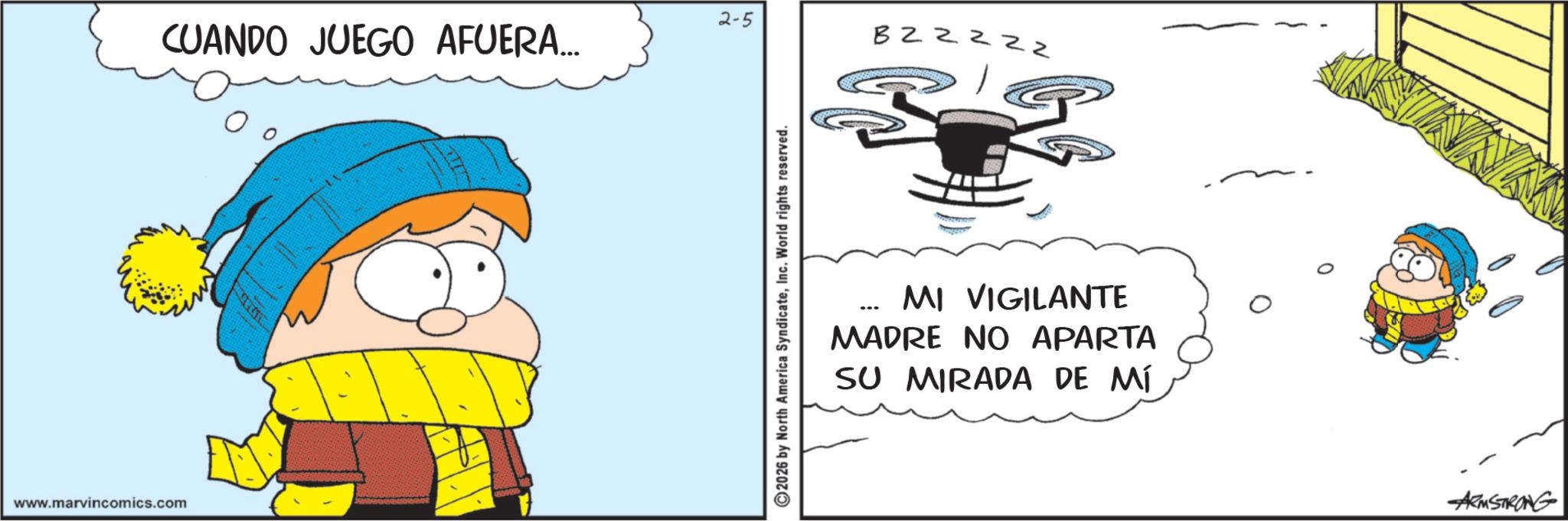 Photo caption OCR: www.marvincomics.com CUANDO JUEGO AFUERA... 2-5 822222 3 2026 by North America SyndicateInc. World rights reserved. MI VIGILANTE MADRE NO APARTA SU MIRADA DE MÍ ARMSTRONG www.marvincomics.com CUANDO JUEGO AFUERA ... 2-5 822222 3 2026 by North America SyndicateInc. World rights reserved . MI VIGILANTE MADRE NO APARTA SU MIRADA DE MÍ ARMSTRONG