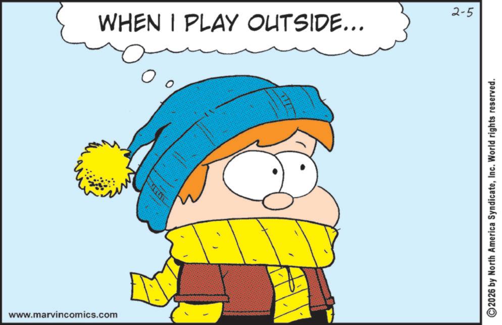 Clip art OCR: www.marvincomics.com 2-5 WHEN I PLAY OUTSIDE... 2026 by North America SyndicateInc. World rights reserved. www.marvincomics.com 2-5 WHEN I PLAY OUTSIDE ... 2026 by North America SyndicateInc. World rights reserved .